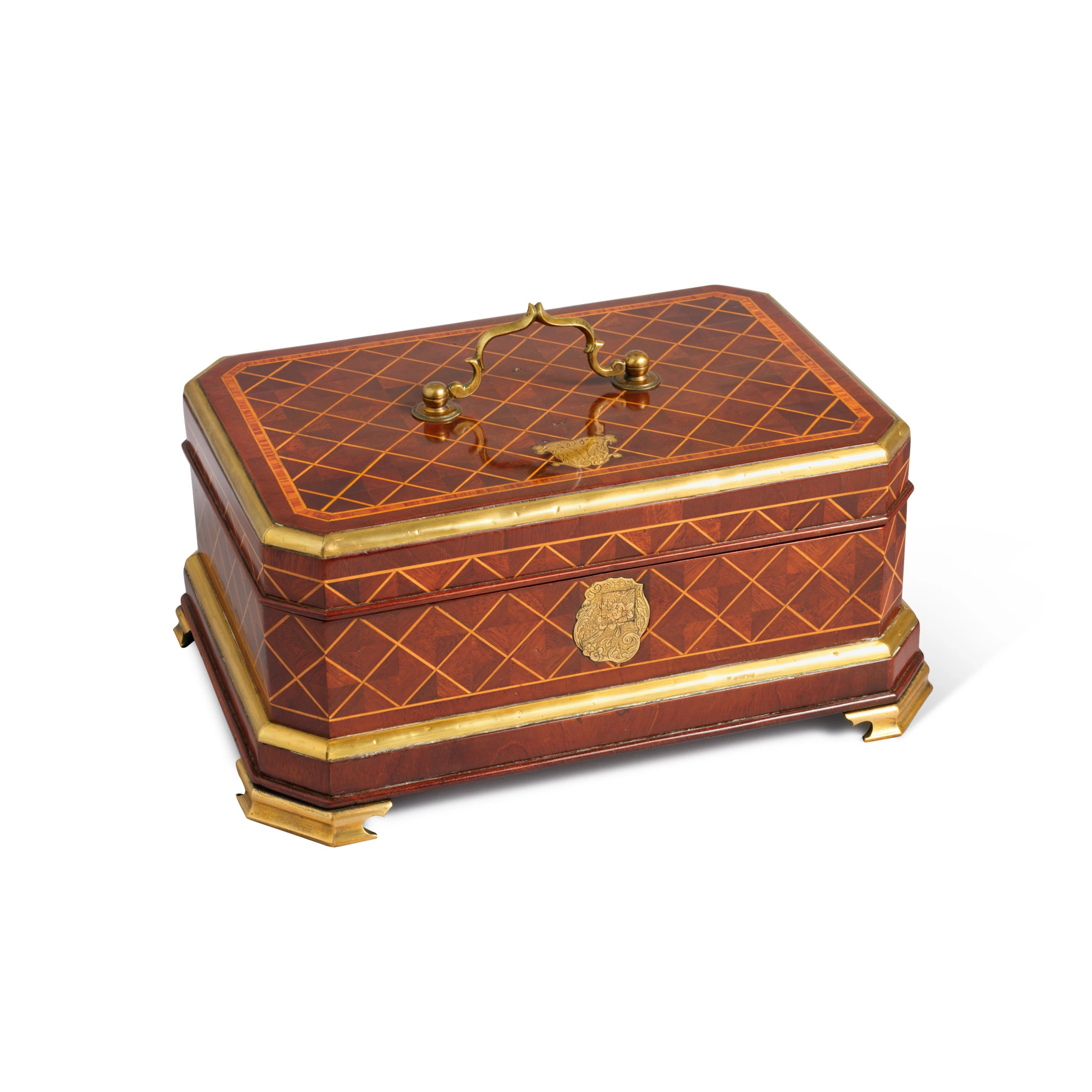 A German brass-mounted mahogany and tulipwood parquetry...