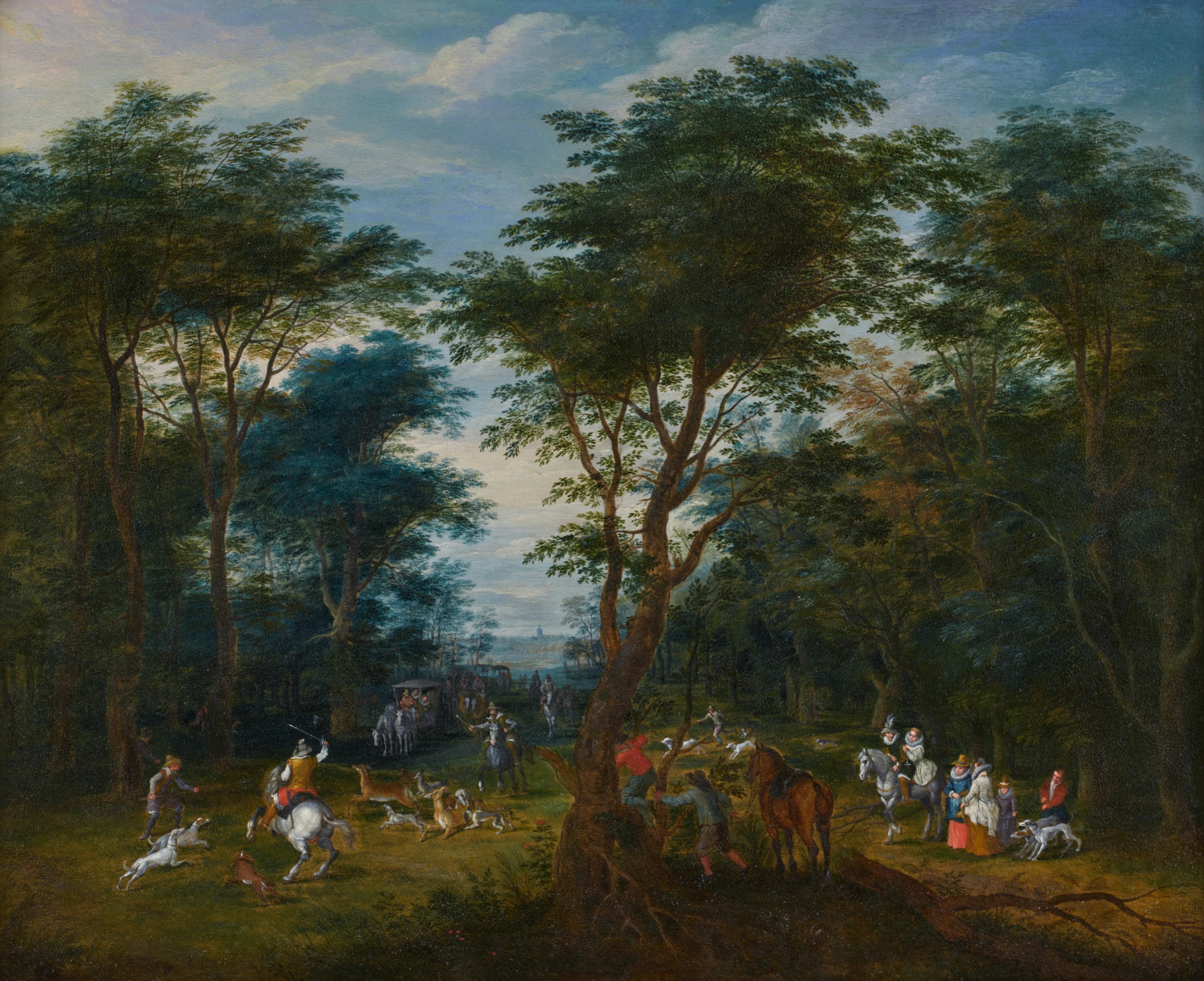 A wooded landscape with a stag hunt and elegant figures |...