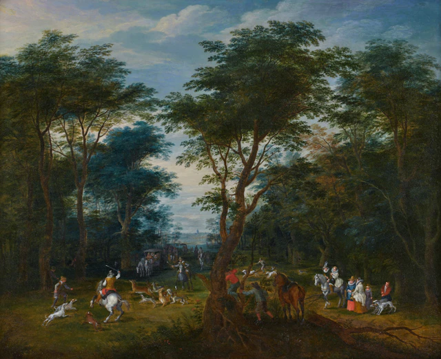 A wooded landscape with a stag hunt and elegant figures |...