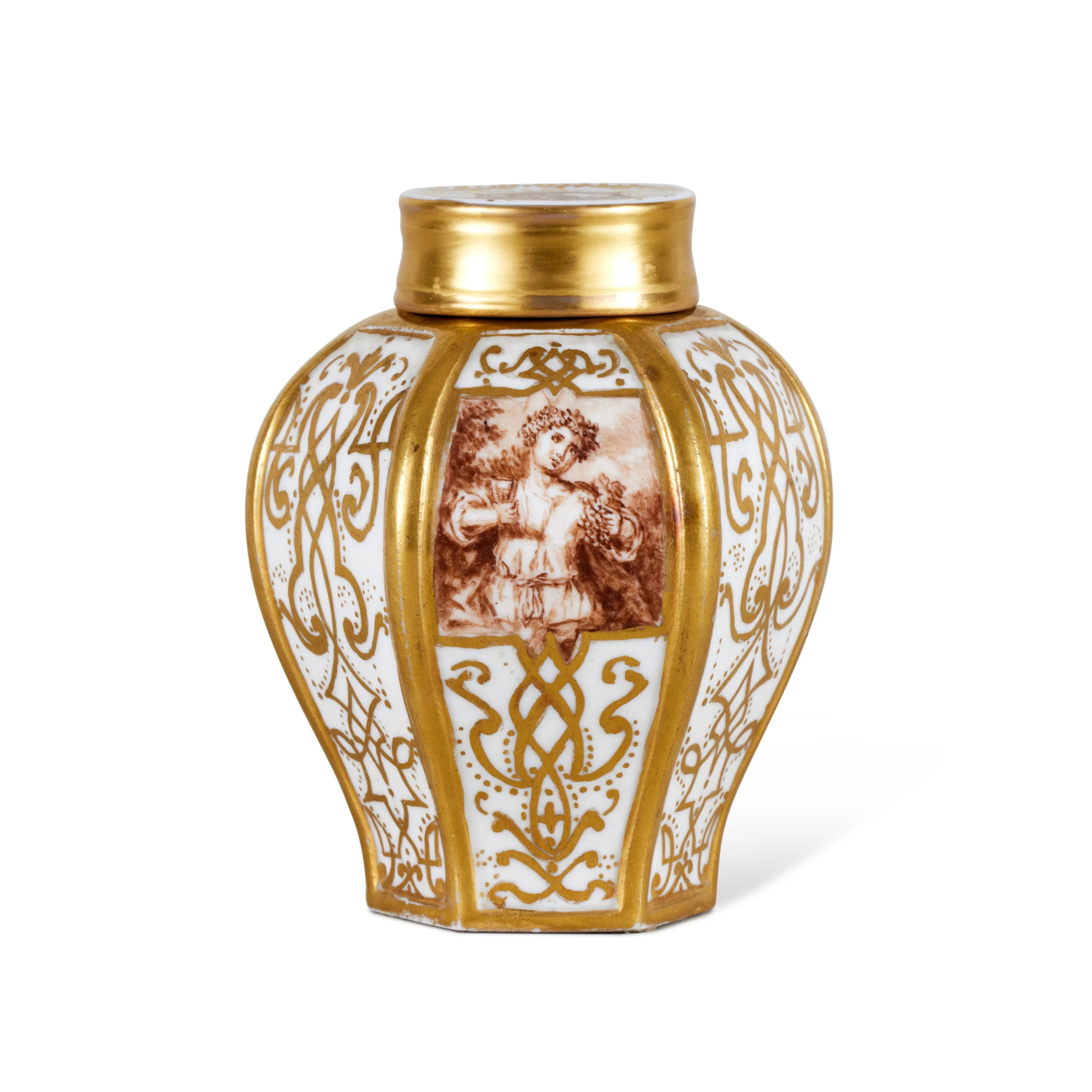 A Meissen Hausmaler Hexagonal Tea Canister and A Cover