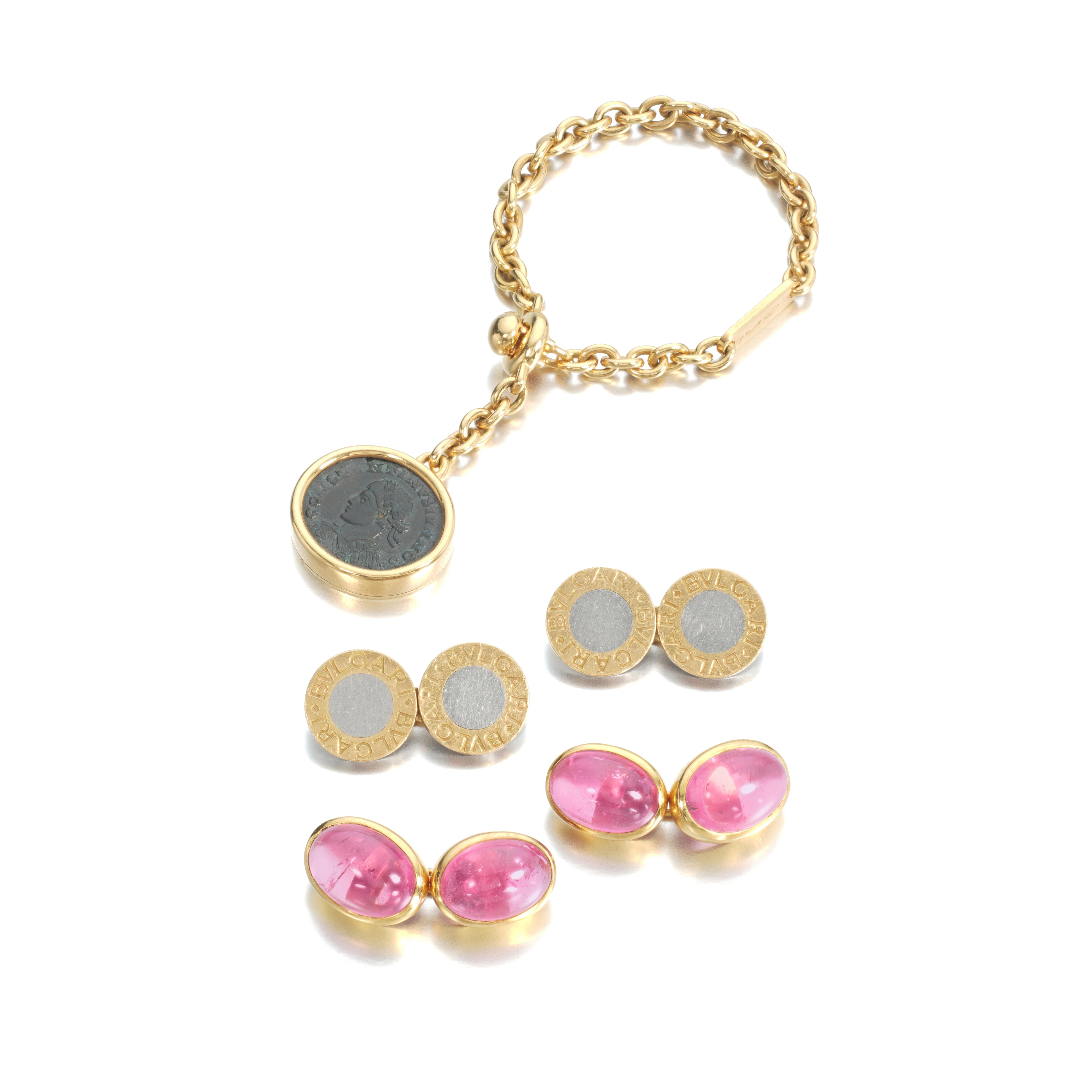 Gold and ancient coin key chain, 'Monete' and two pairs of cufflinks