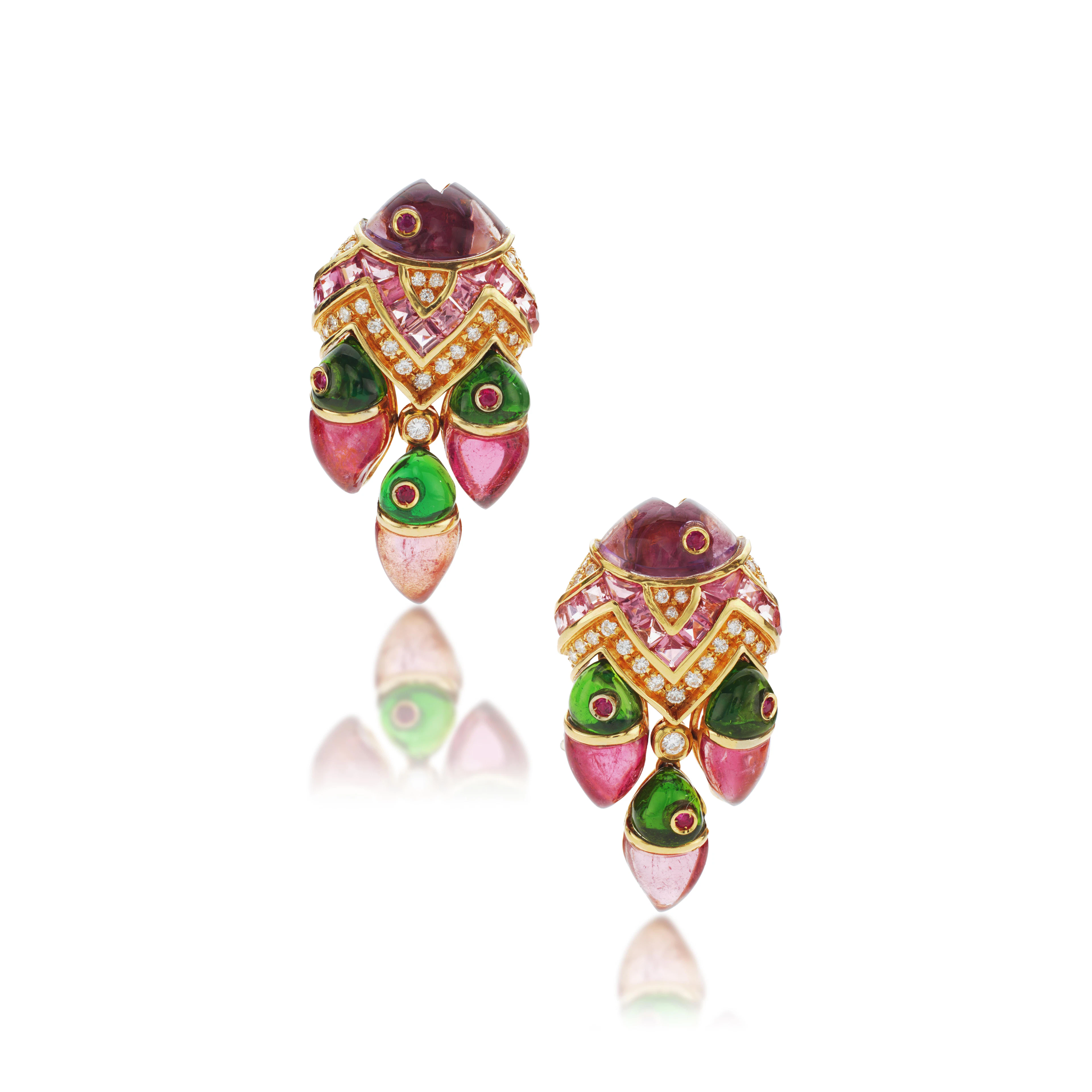 Pair of gem set and diamond ear clips, ‘Naturalia Marina’, circa 1991