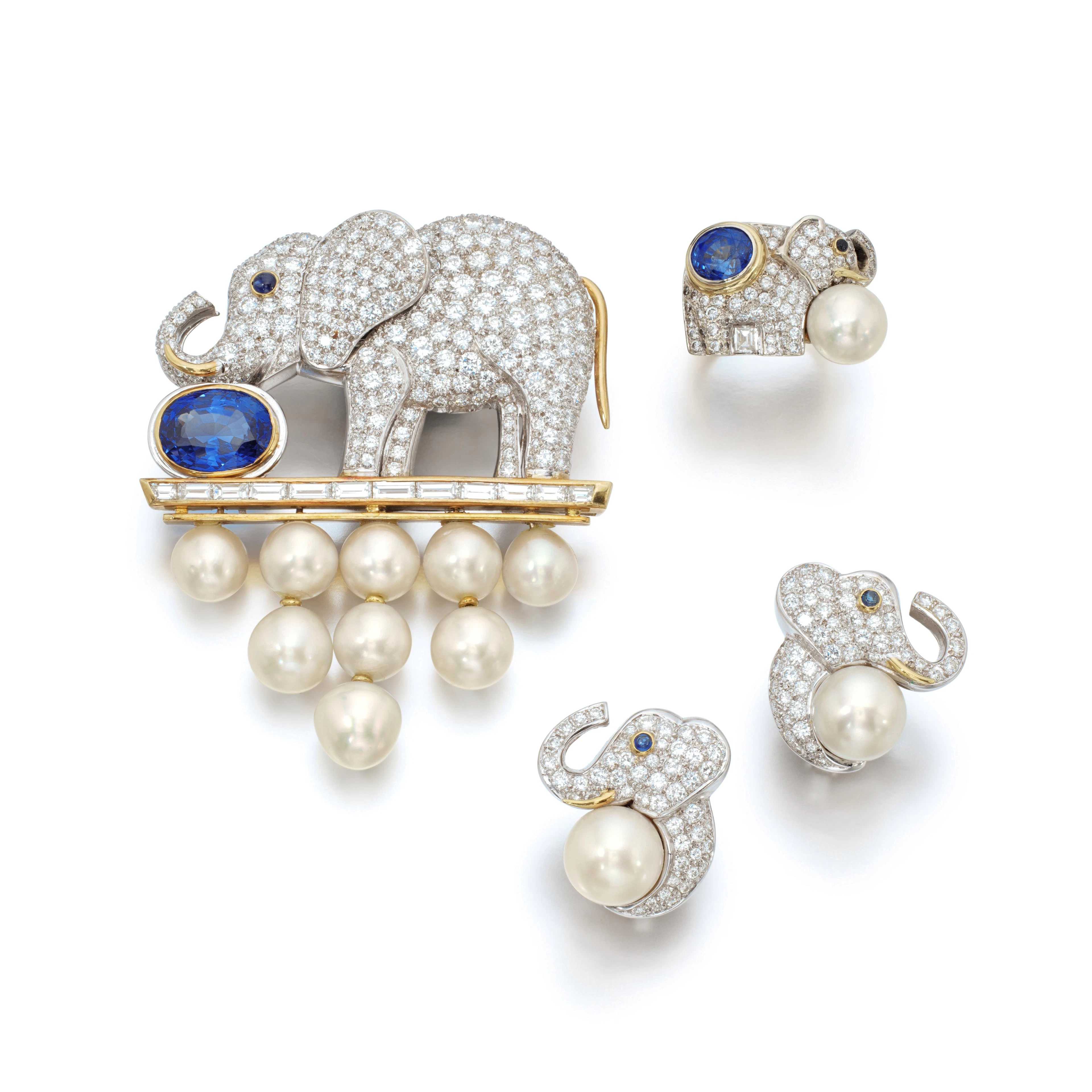 Sapphire, cultured pearl and diamond parure, ‘The Empress of Timur’, circa 1990