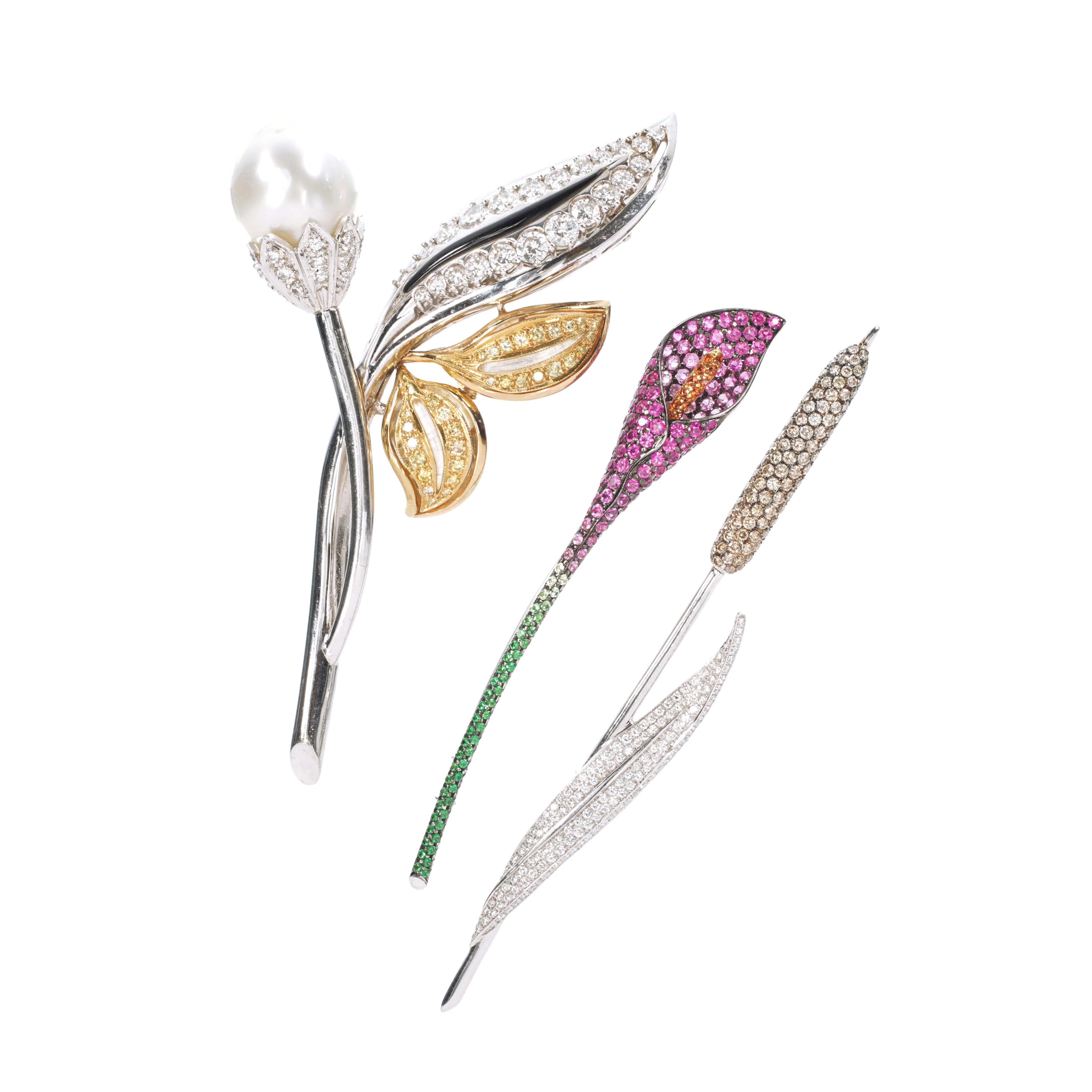 Collection of gem set, diamond and coloured diamond brooches