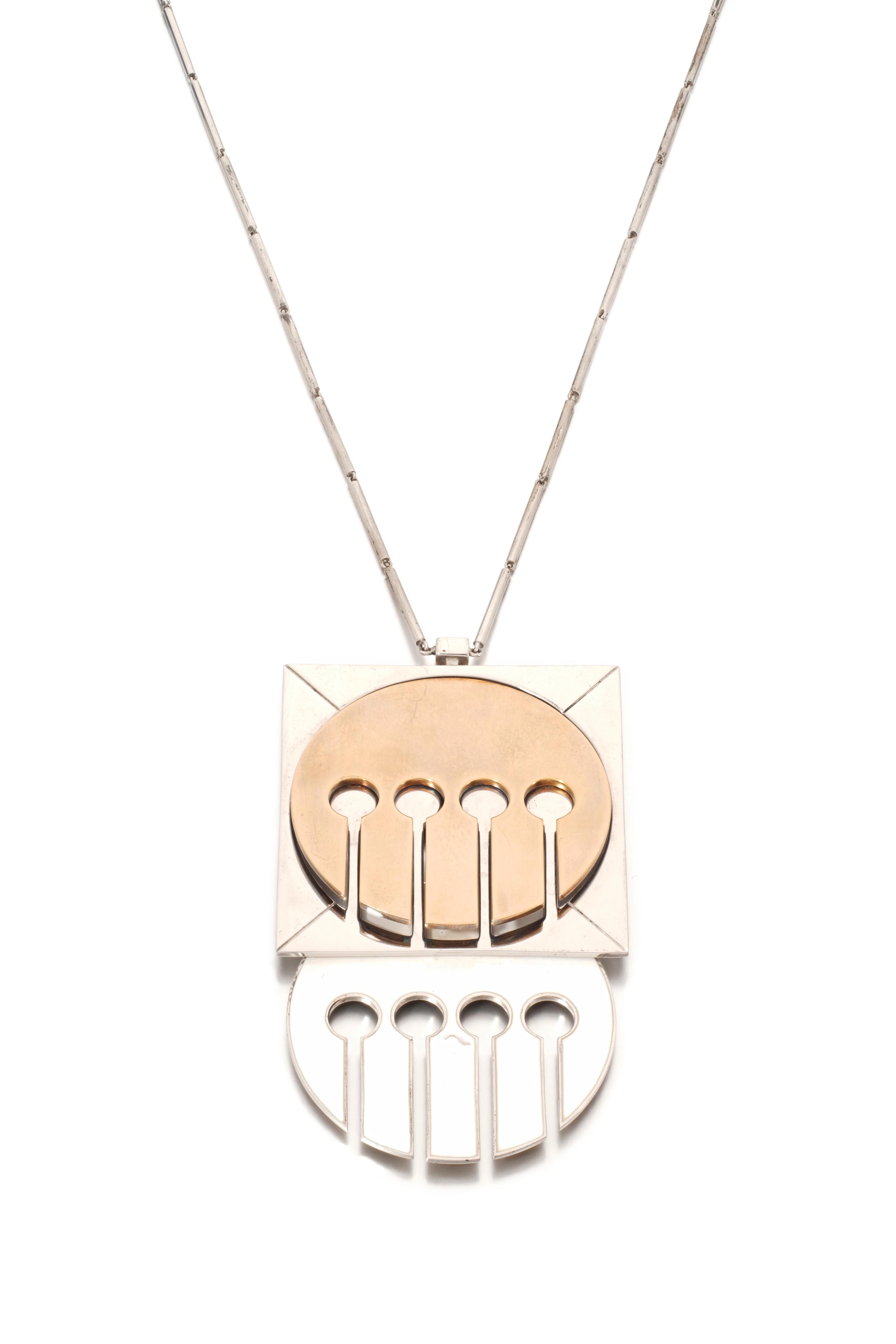 Silver, silver-gilt and enamel pendent necklace, circa 1970
