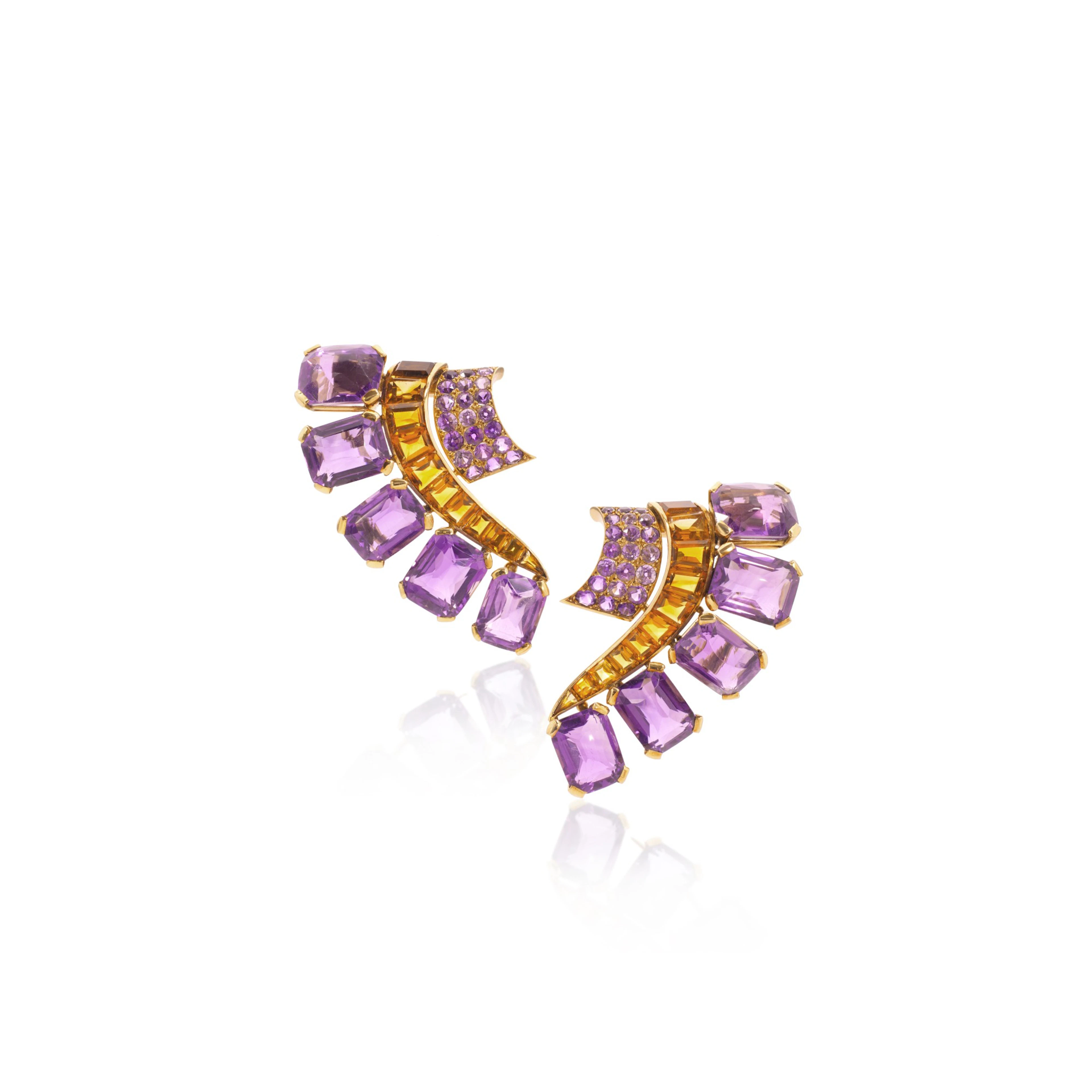 Pair of amethyst and citrine brooches, circa 1938