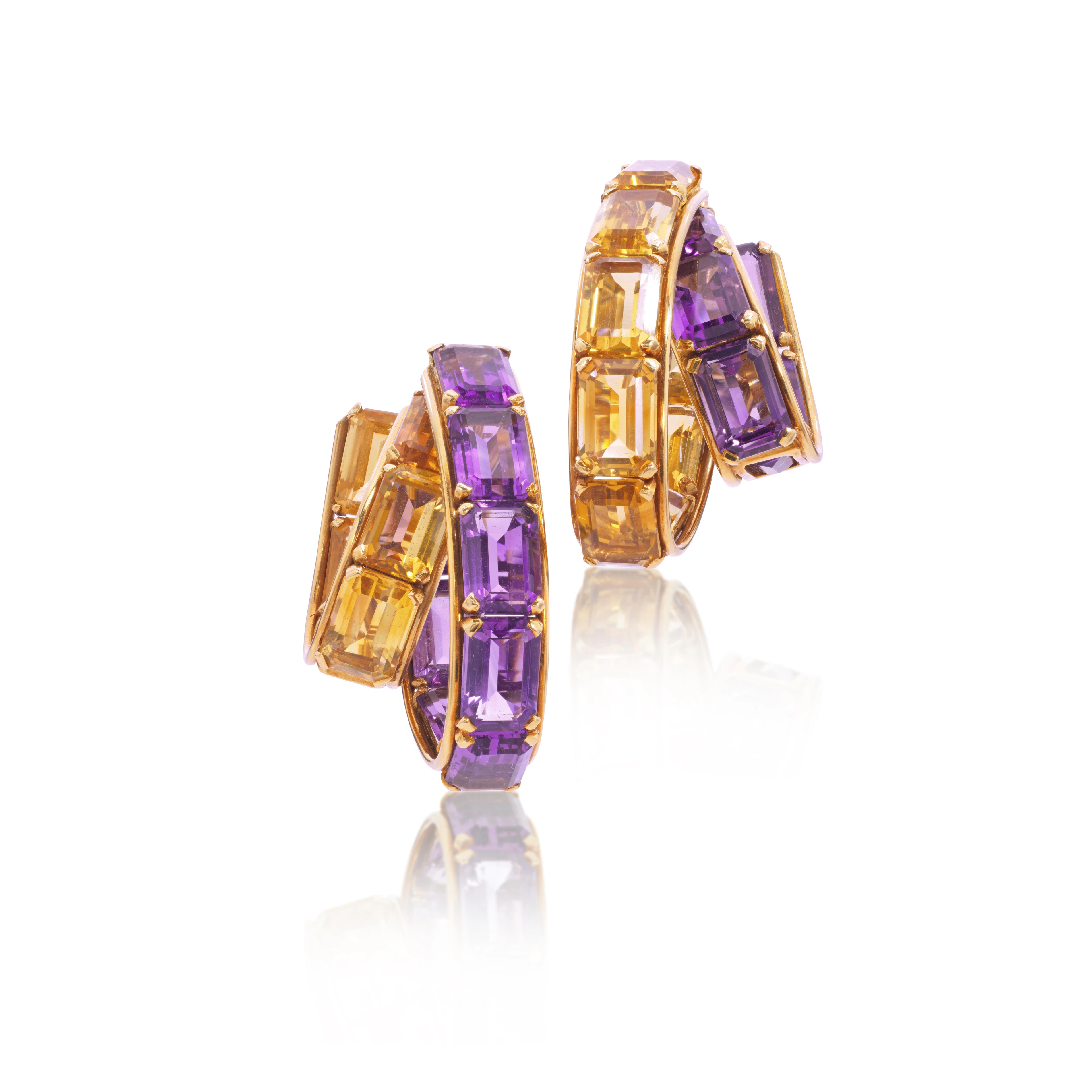 Pair of citrine and amethyst earrings, circa 1940