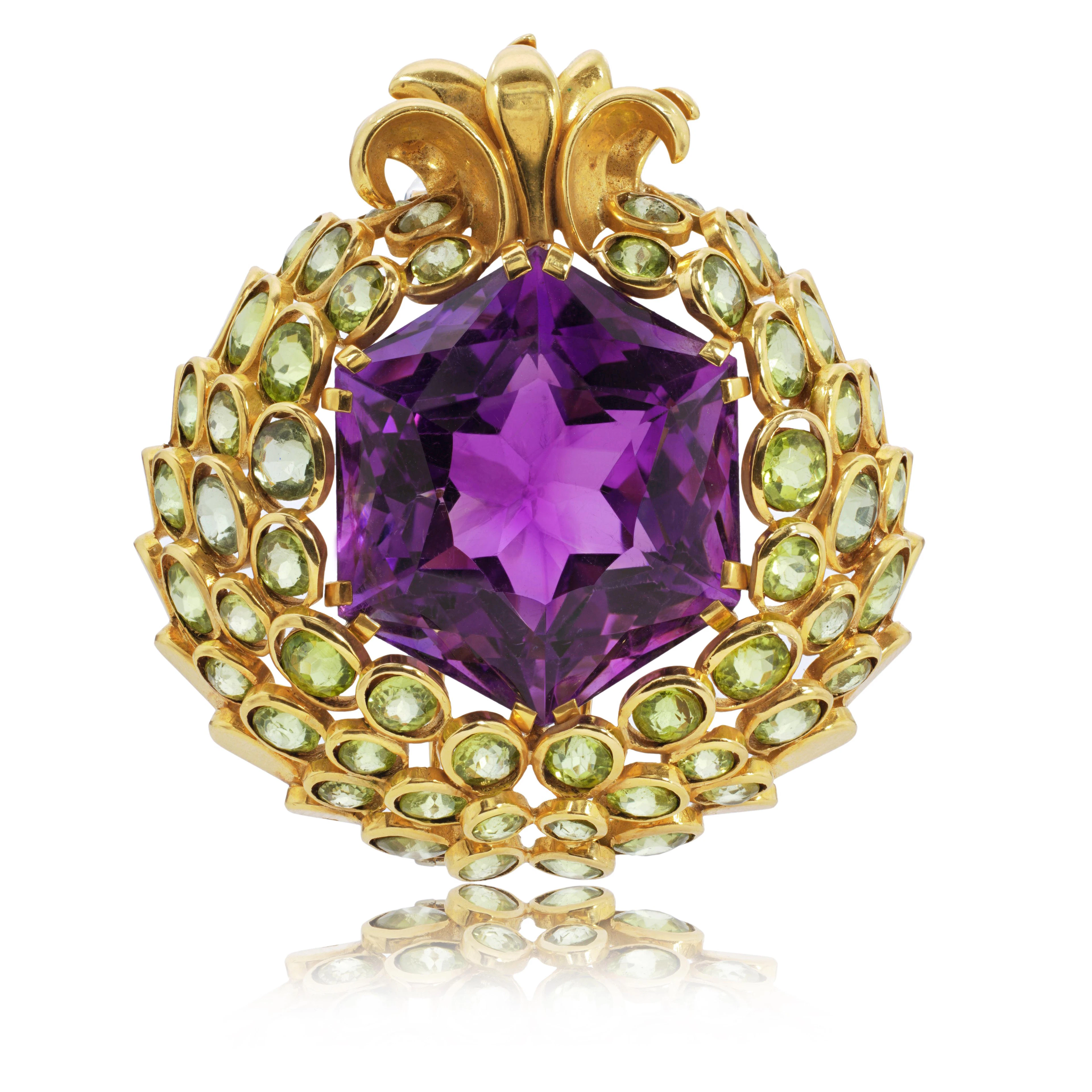 Amethyst and peridot brooch, 'Grenade', circa 1950