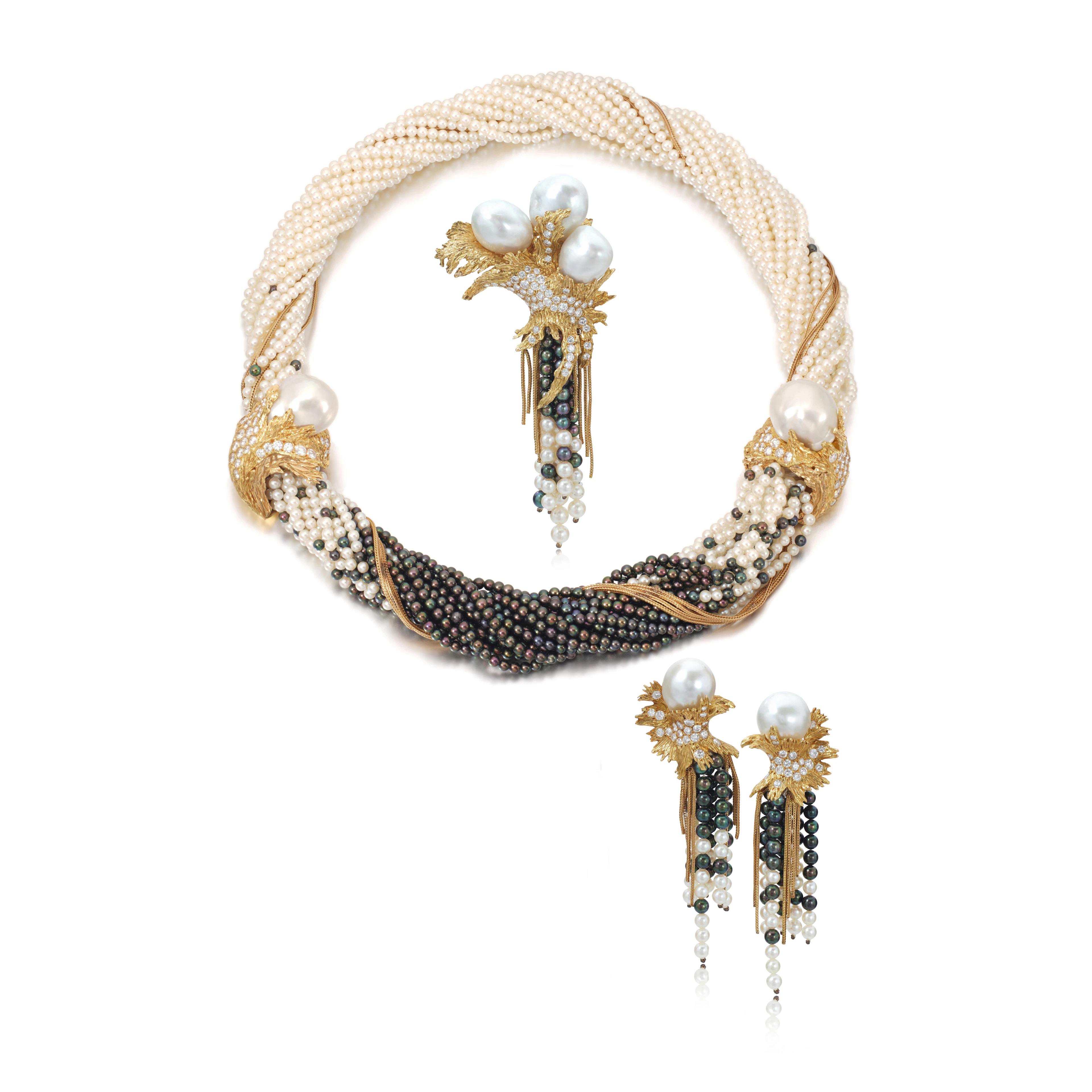 Cultured pearl and diamond parure, 1960s