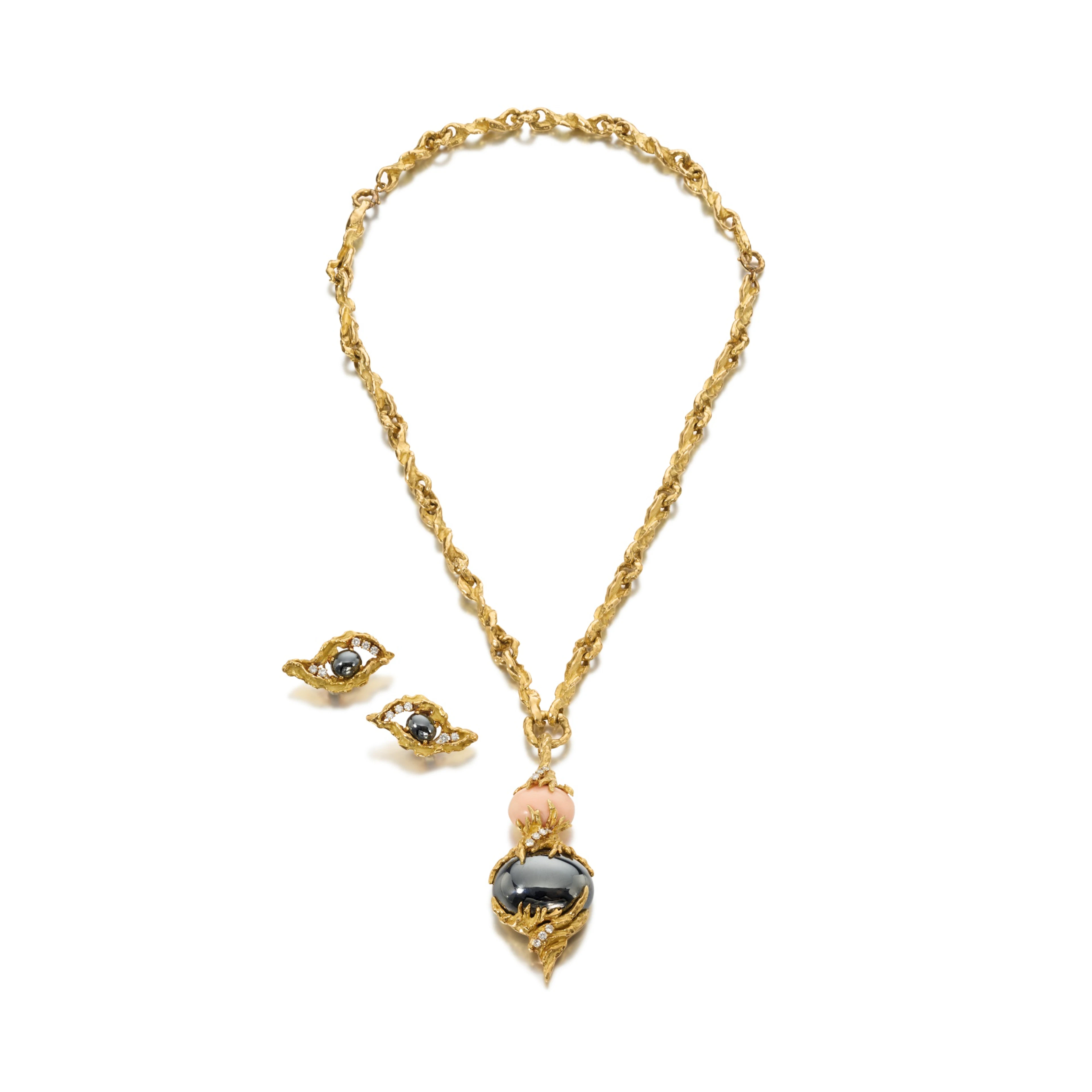 Gold, coral, hematite and diamond demi-parure, 1970s