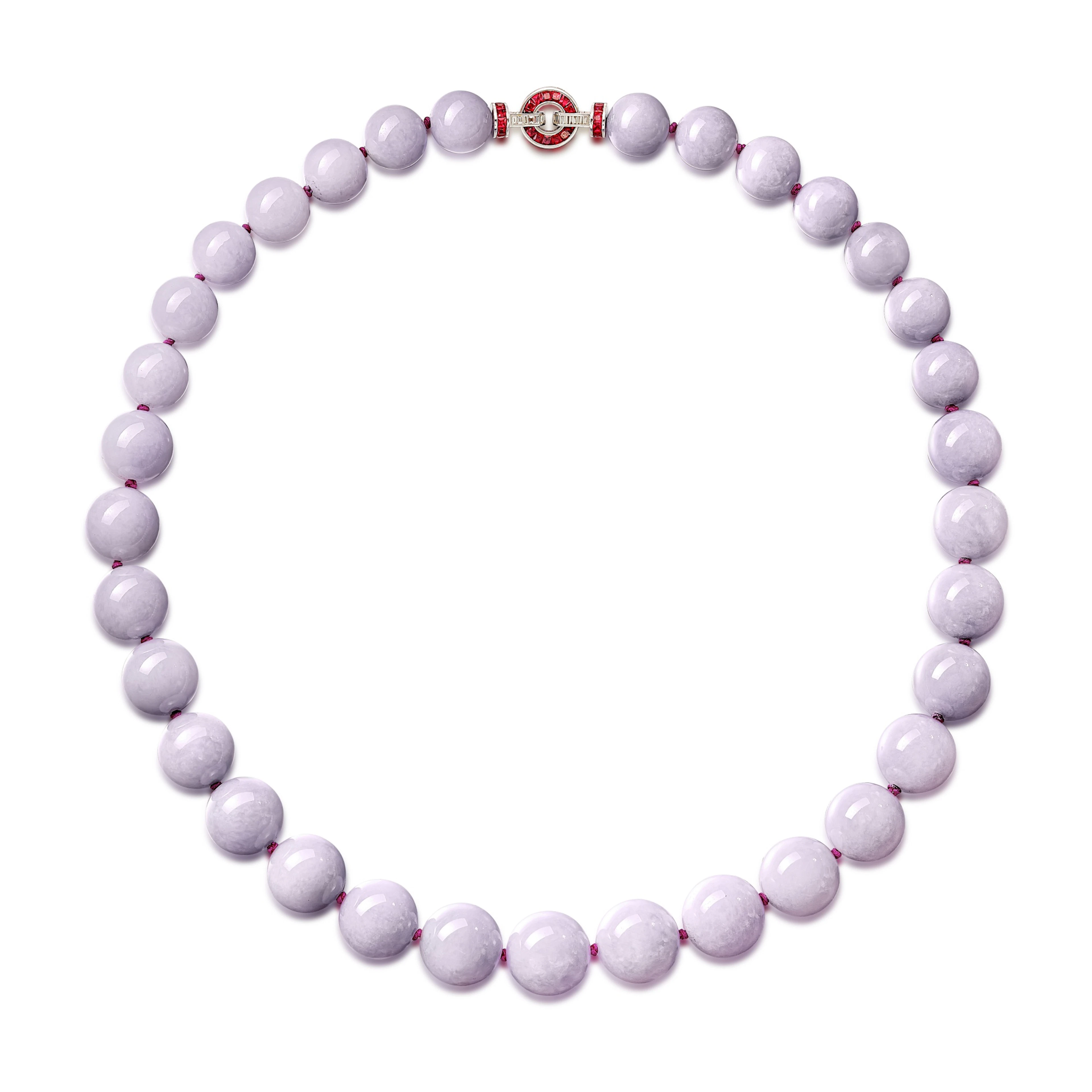 Lavender Jadeite Bead, Ruby and Diamond Necklace | 天然紫色翡翠珠 配 紅寶石 及 鑽石 項鏈