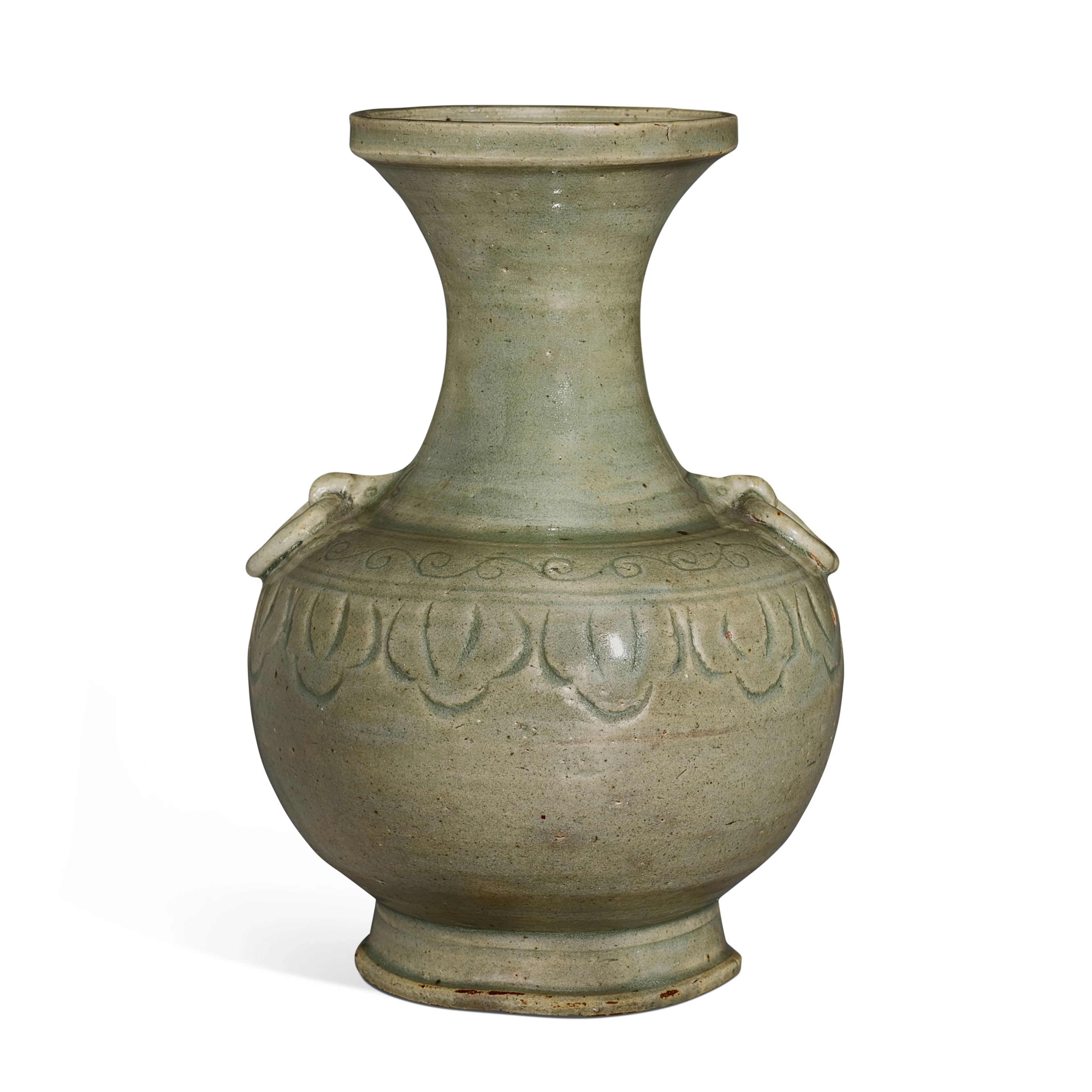 A Korean celadon vase, Goryeo dynasty, 11th century 高麗王朝十一世紀 青釉貼雙環耳花瓣紋盤口尊