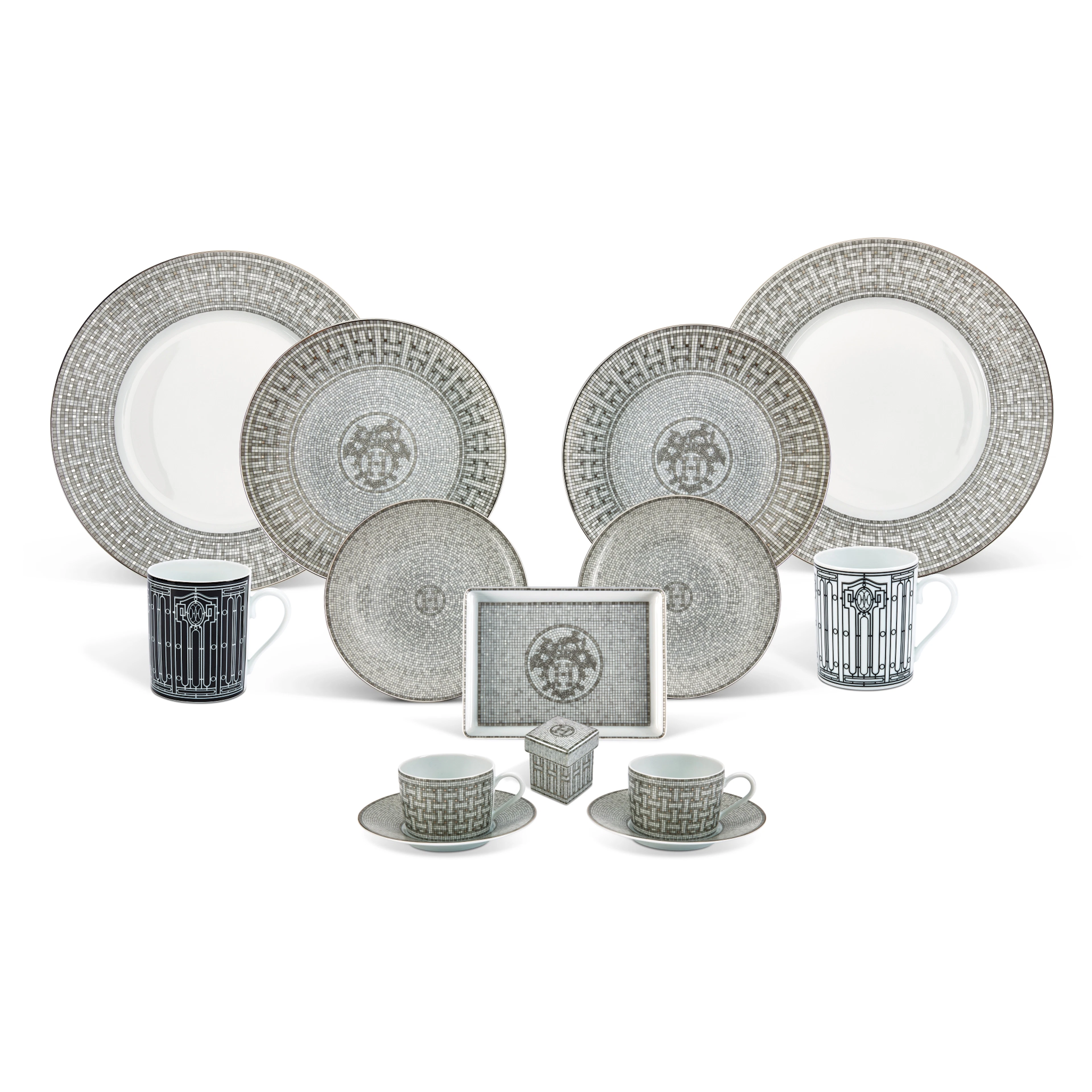 Set of 12 Mosaique Au 24 Platinum and H Deco Porcelain Set