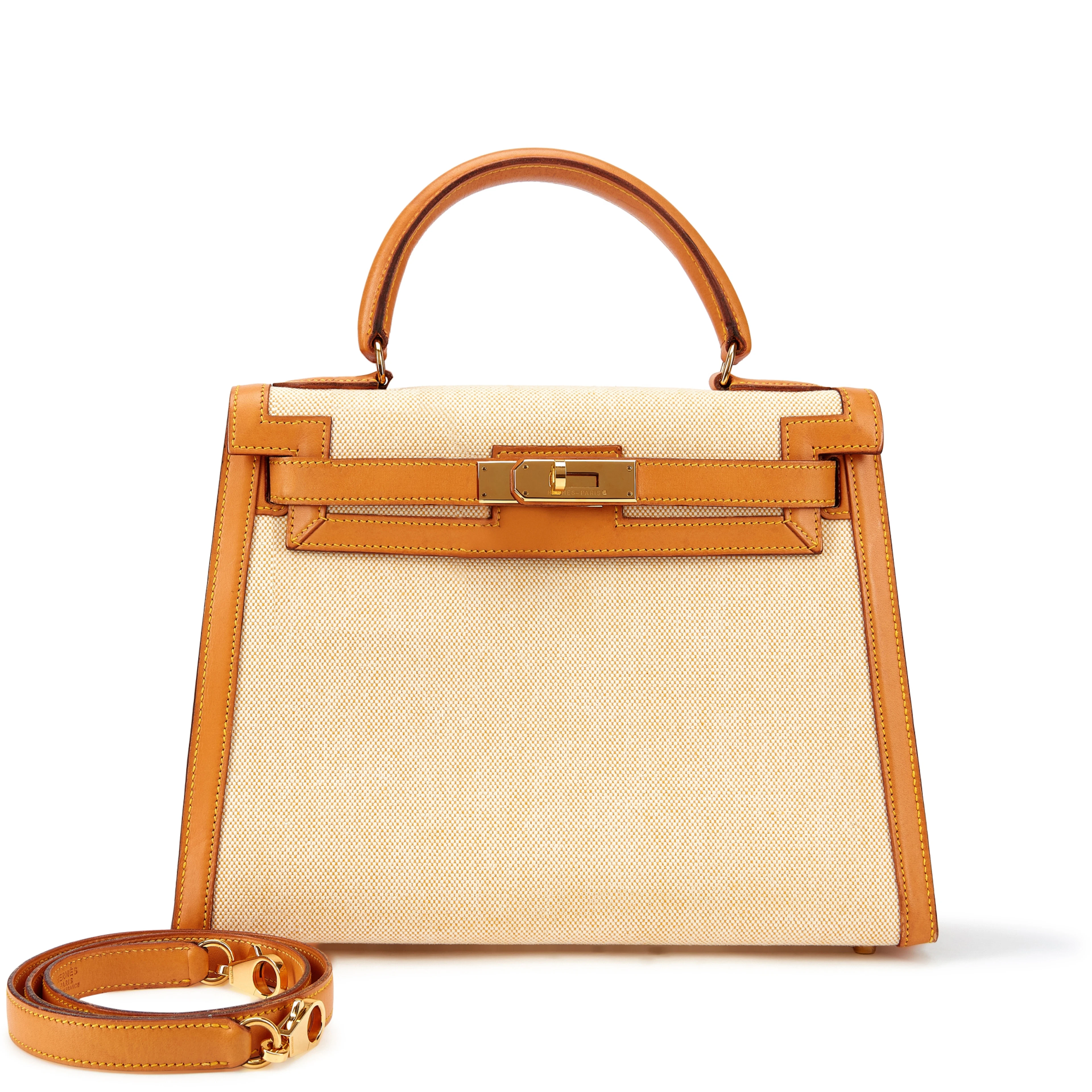 Vintage Vache Naturelle and Ecru Toile Kelly 28 Sellier Gold Hardware, 1996