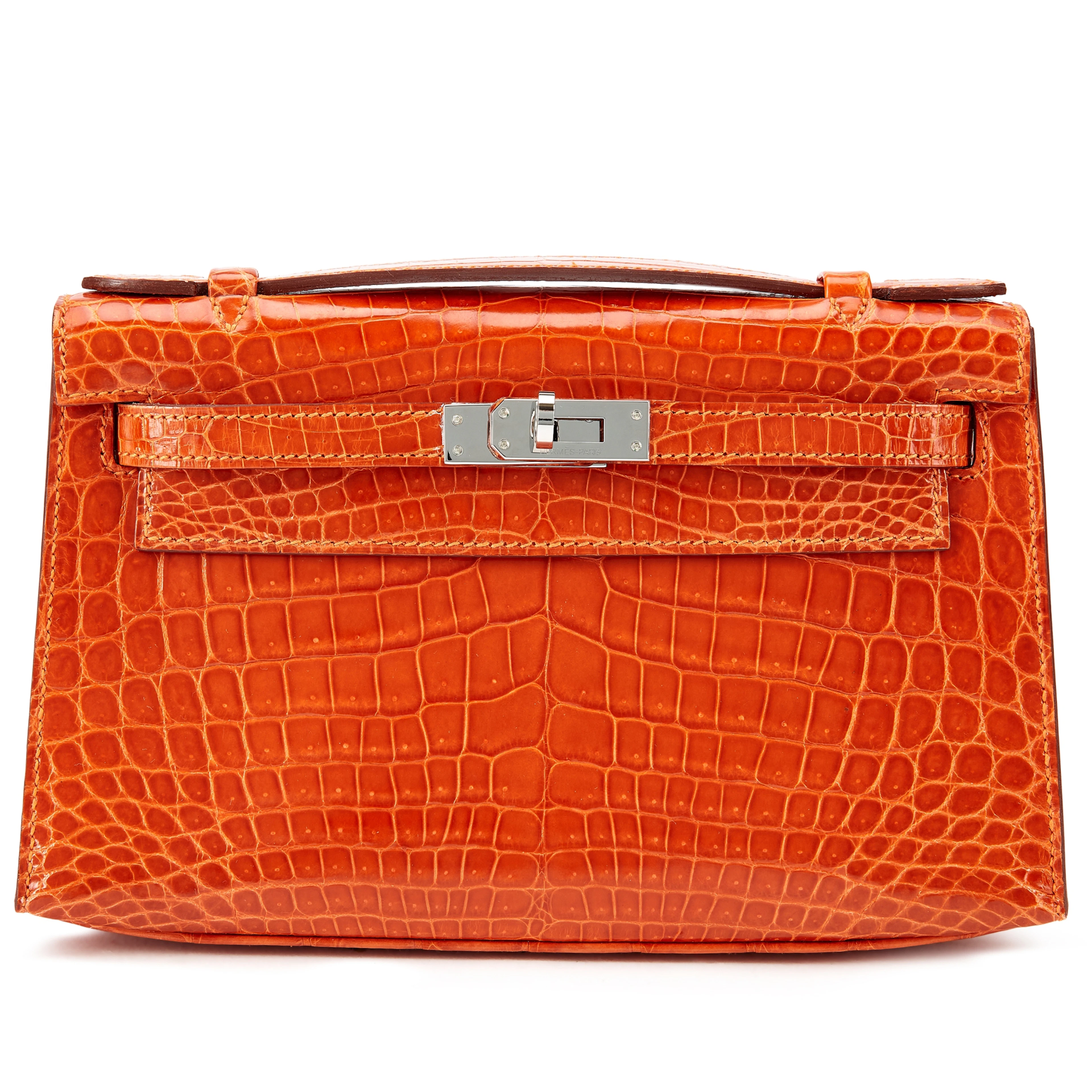 Orange H Shiny Niloticus Crocodile Kelly Pochette Palladium Hardware, 2008