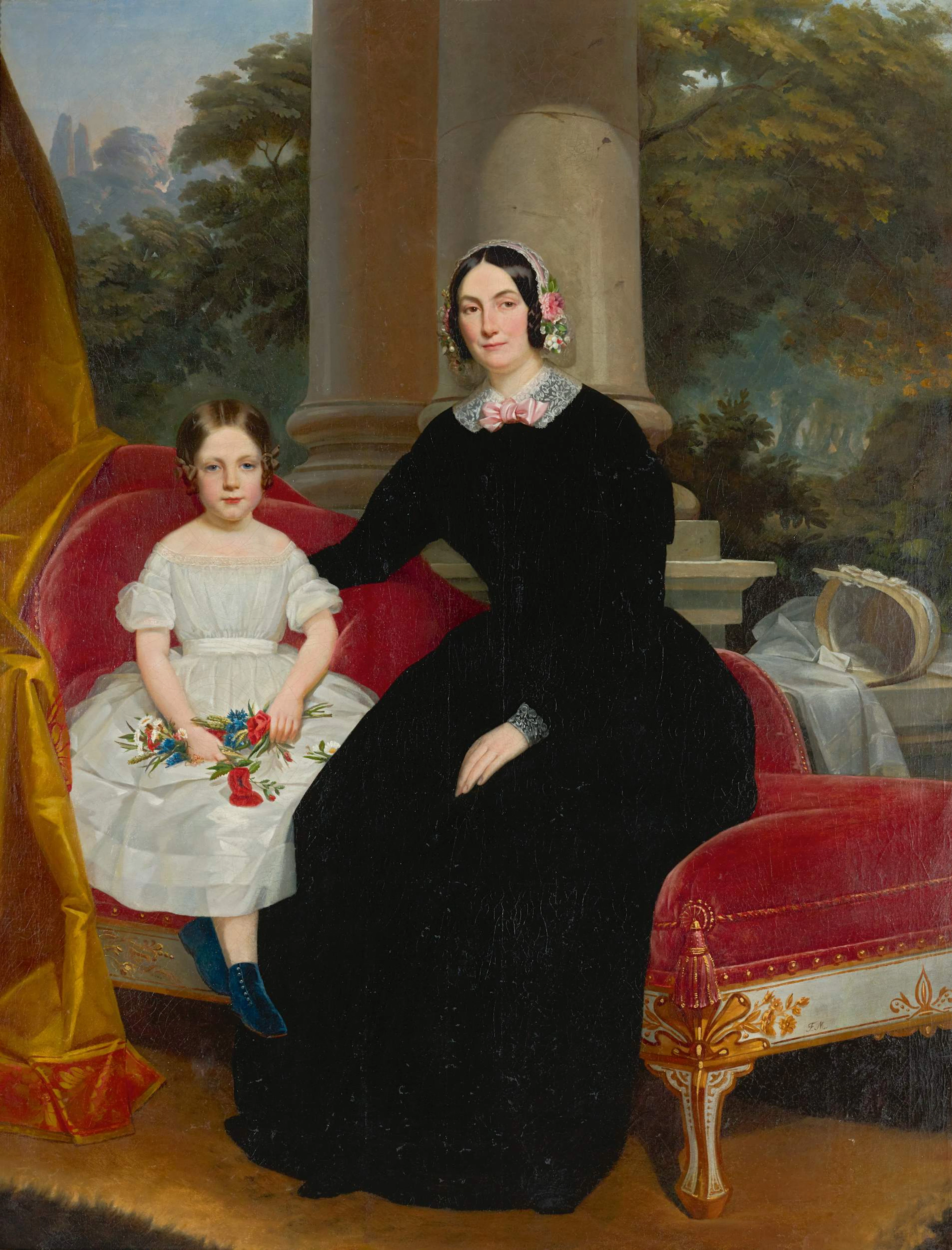 Portrait of a mother and her daughter, full-length, seated on a chaise longue