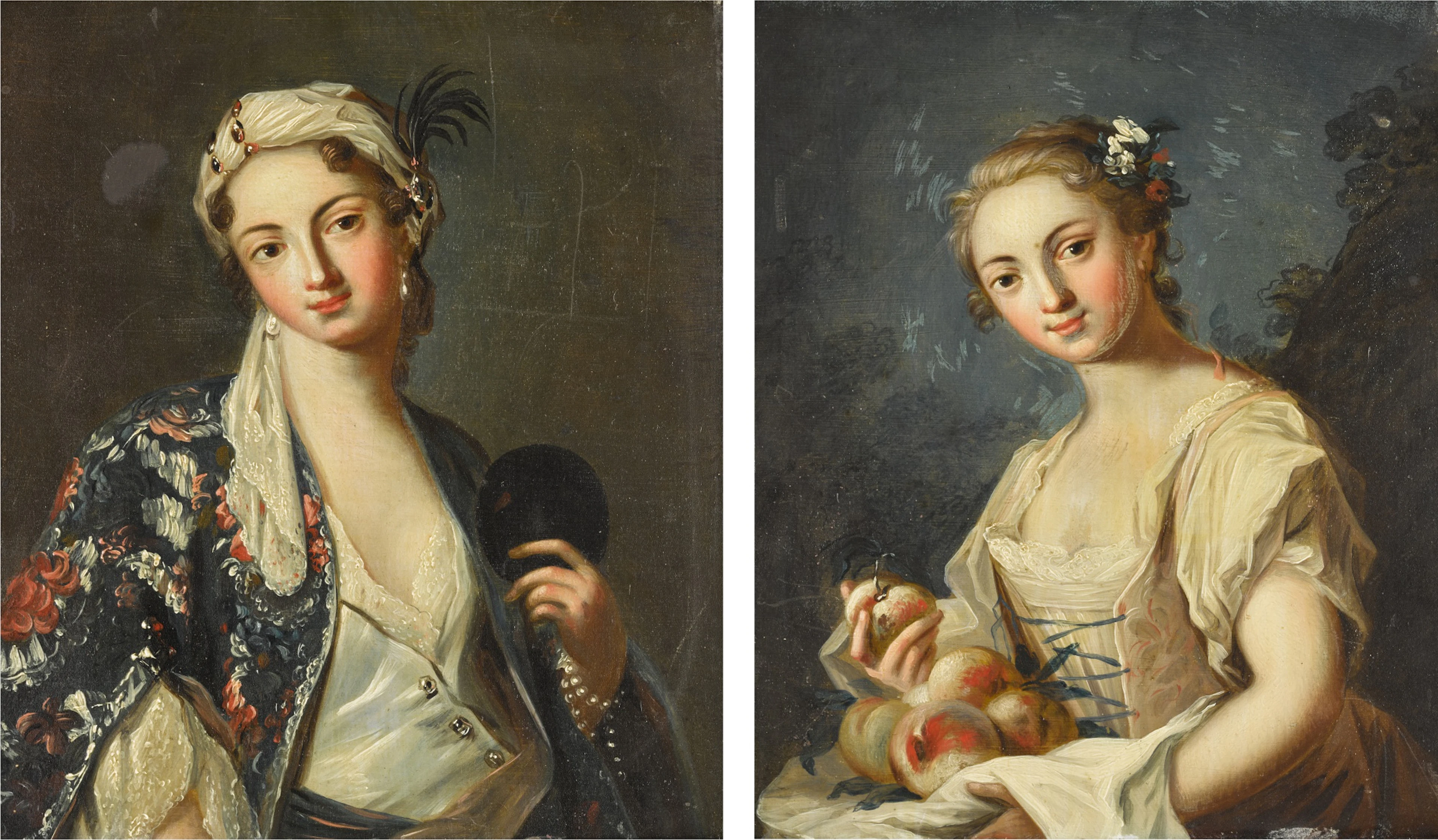 A pair of portraits: one of a lady holding a mask; the...