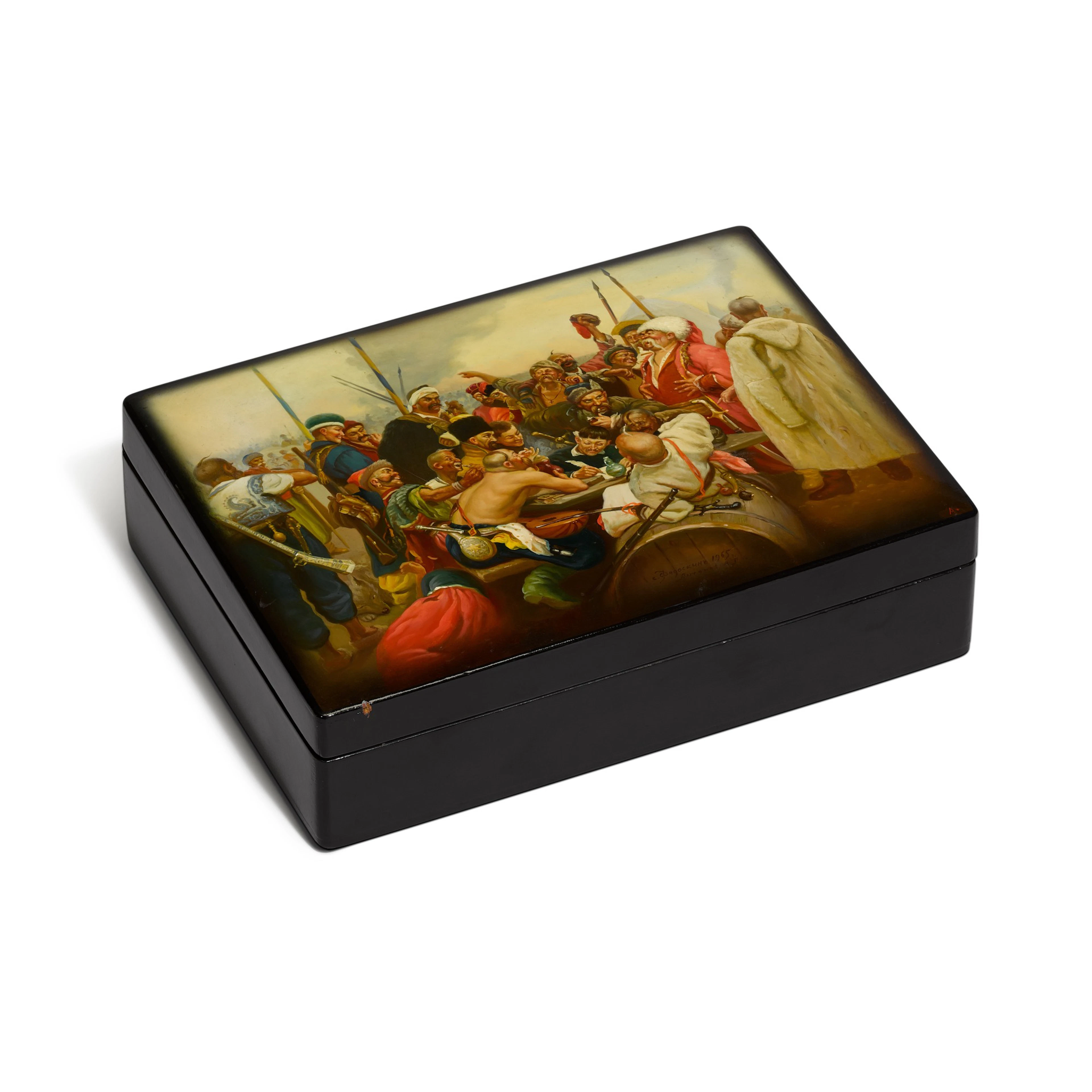 A Soviet Fedoskino lacquer box, painted by Antony V.D. after Repin, 1965