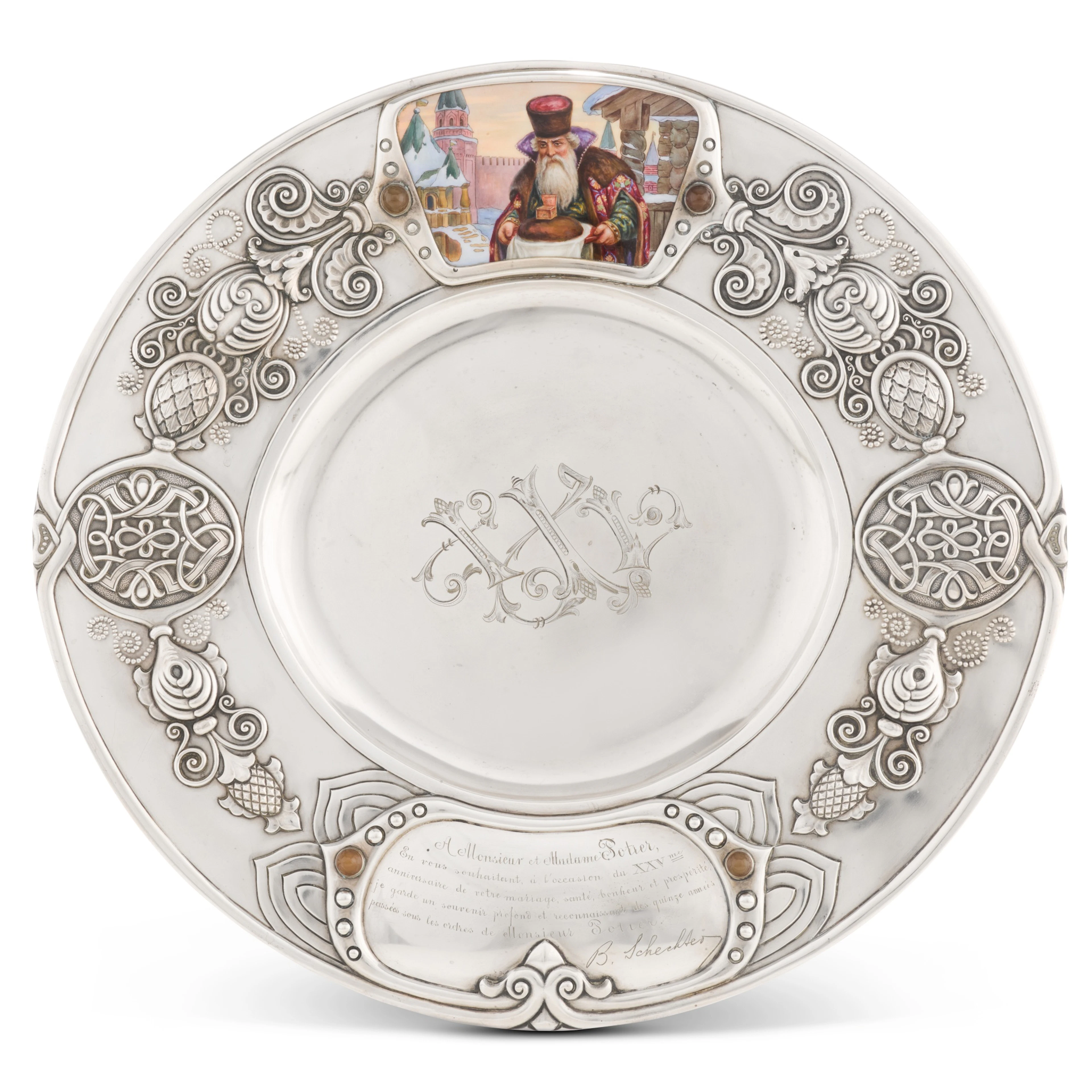 A gem-set pictorial en plein enamel silver charger