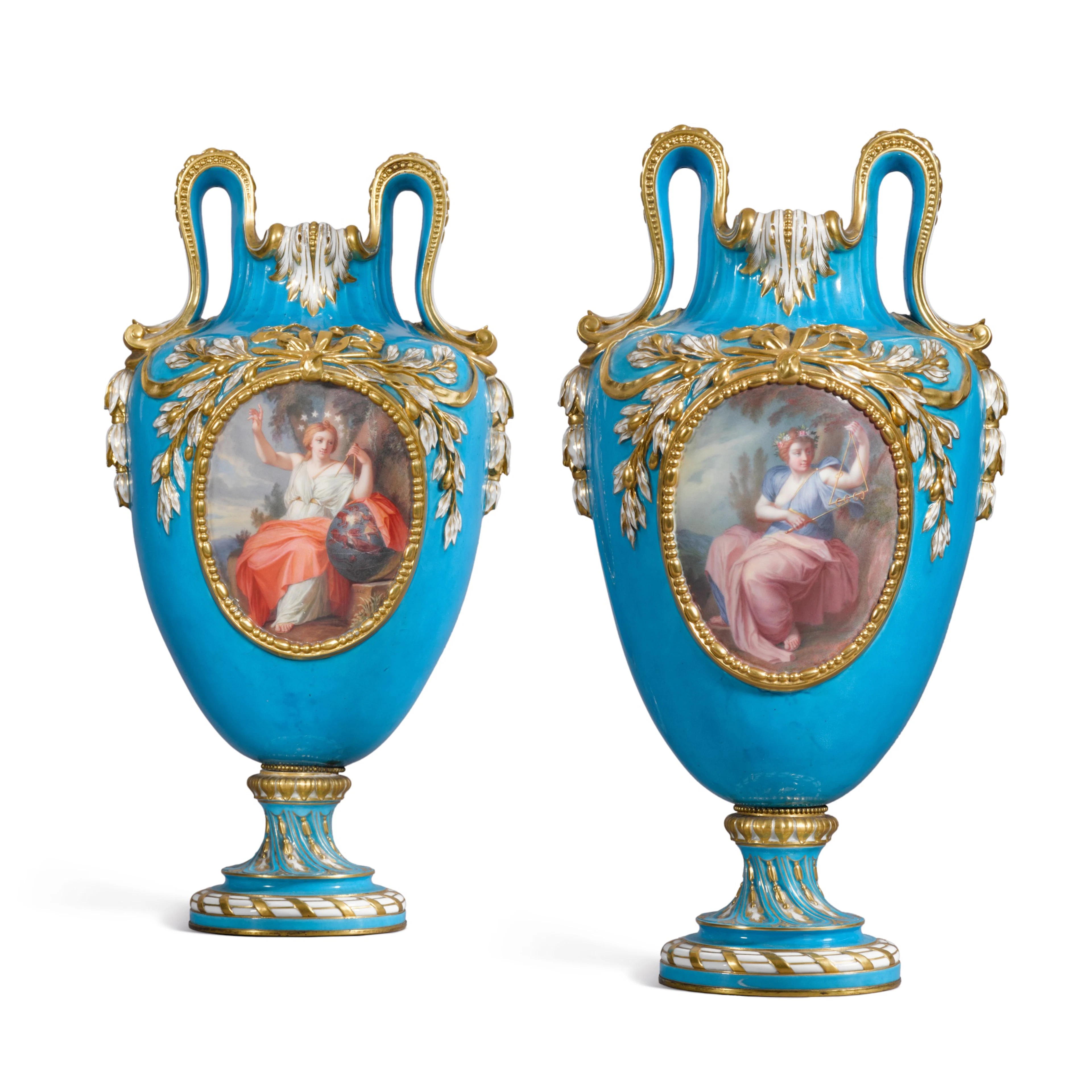 A pair of Sèvres (Napoleon III) bleu céleste two-handled ovoid vases étrusques