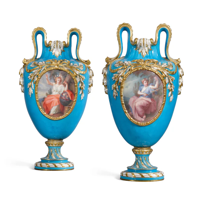 A pair of Sèvres (Napoleon III) bleu céleste two-handled ovoid vases étrusques