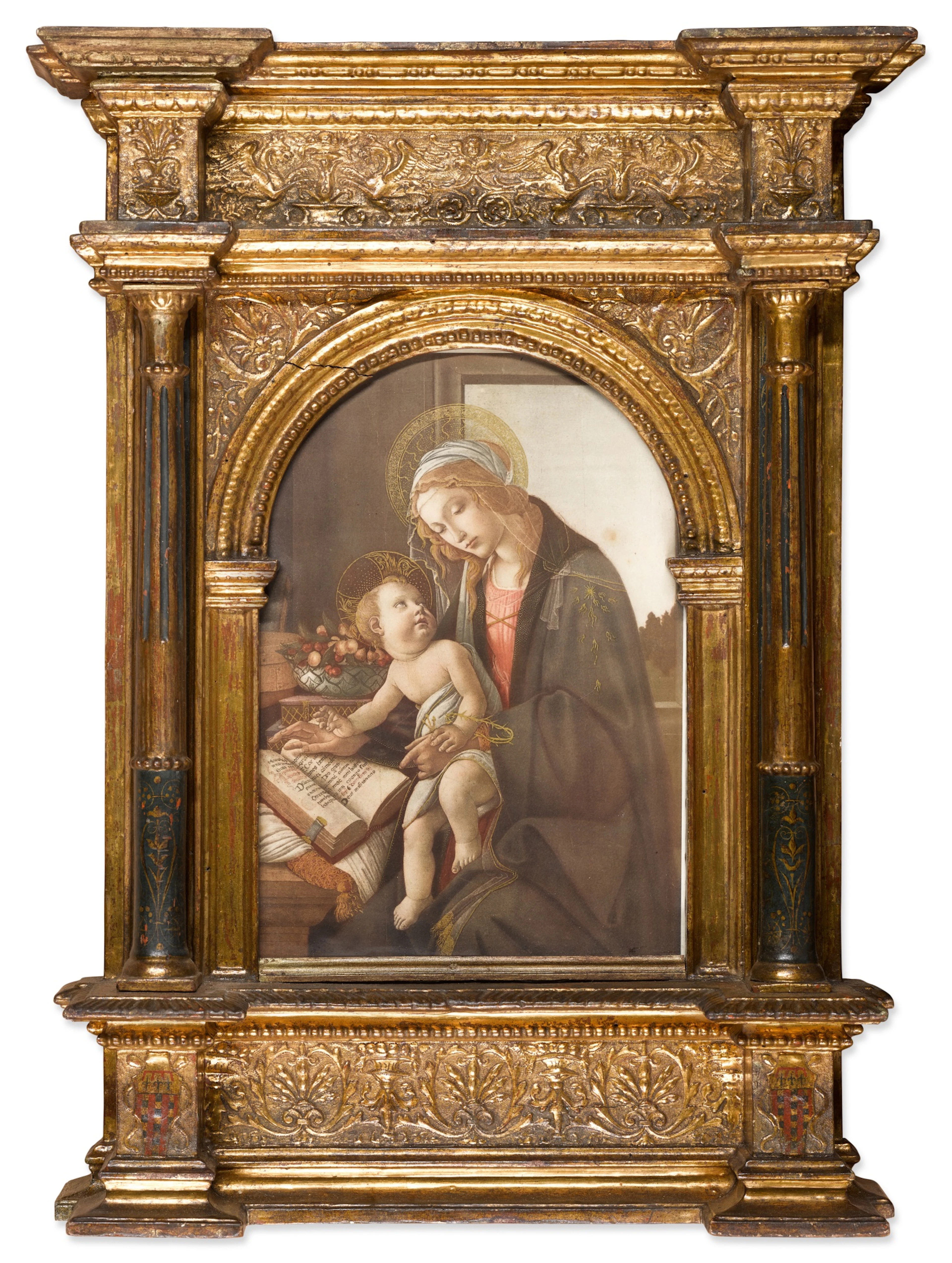 A Renaissance style painted and carved giltwood and polychrome frame