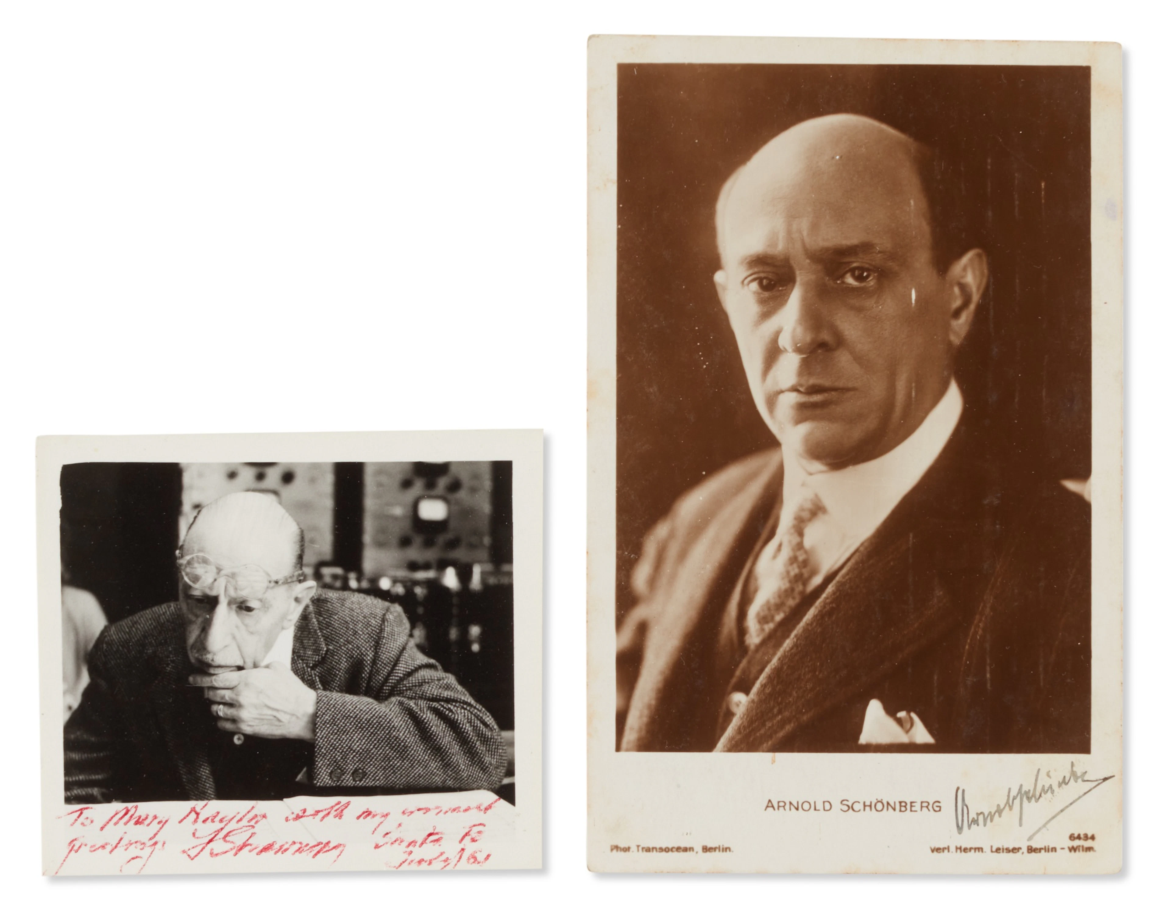 A. Schoenberg and I. Stravinsky. Two photograph portraits signed, 1930s-1960s