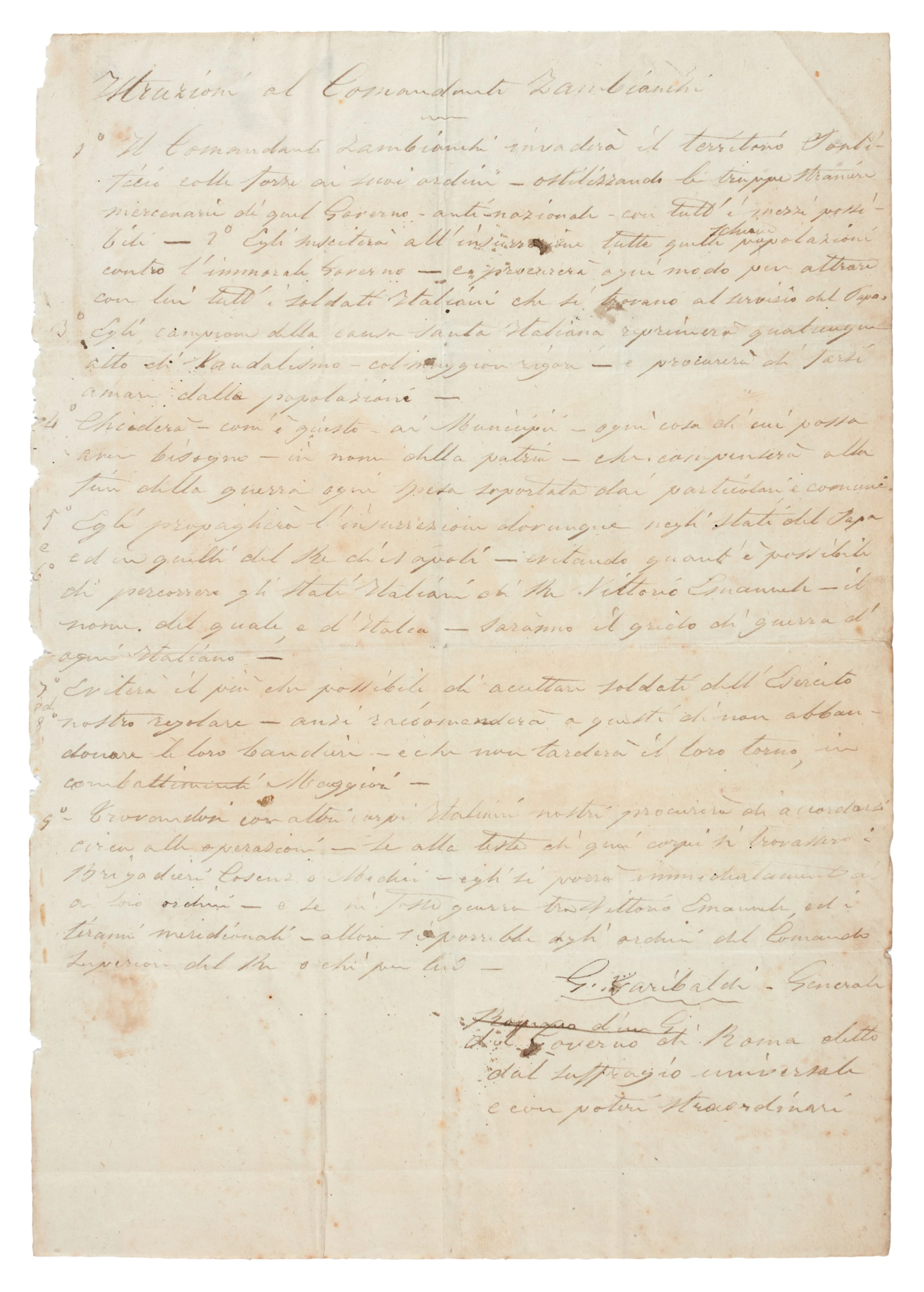Giuseppe Garibaldi | Autograph manuscript orders, to Zambianchi, May 1860
