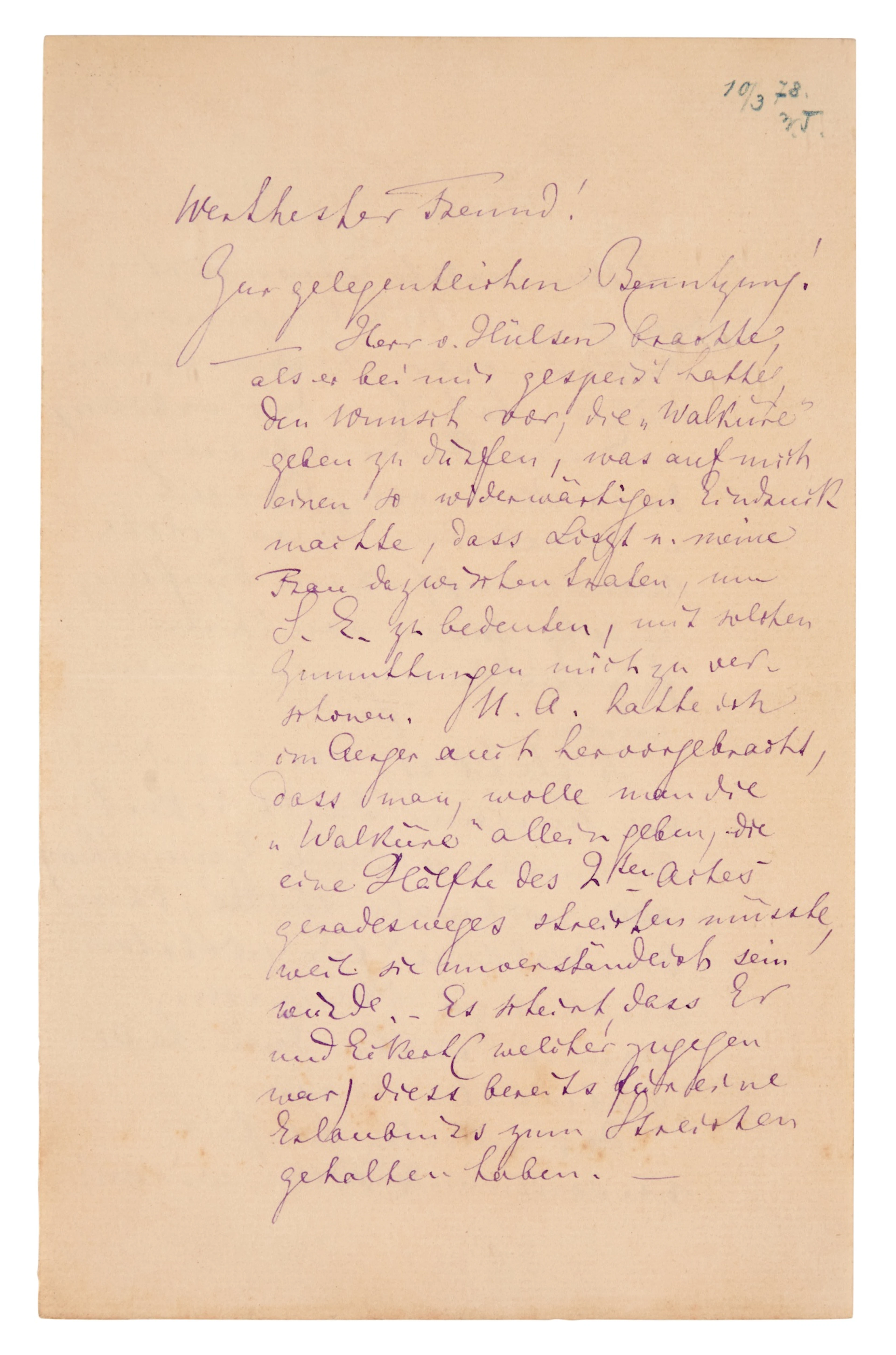 R. Wagner. Autograph letter, signed, to Wilhelm Tappert, 8 March 1878