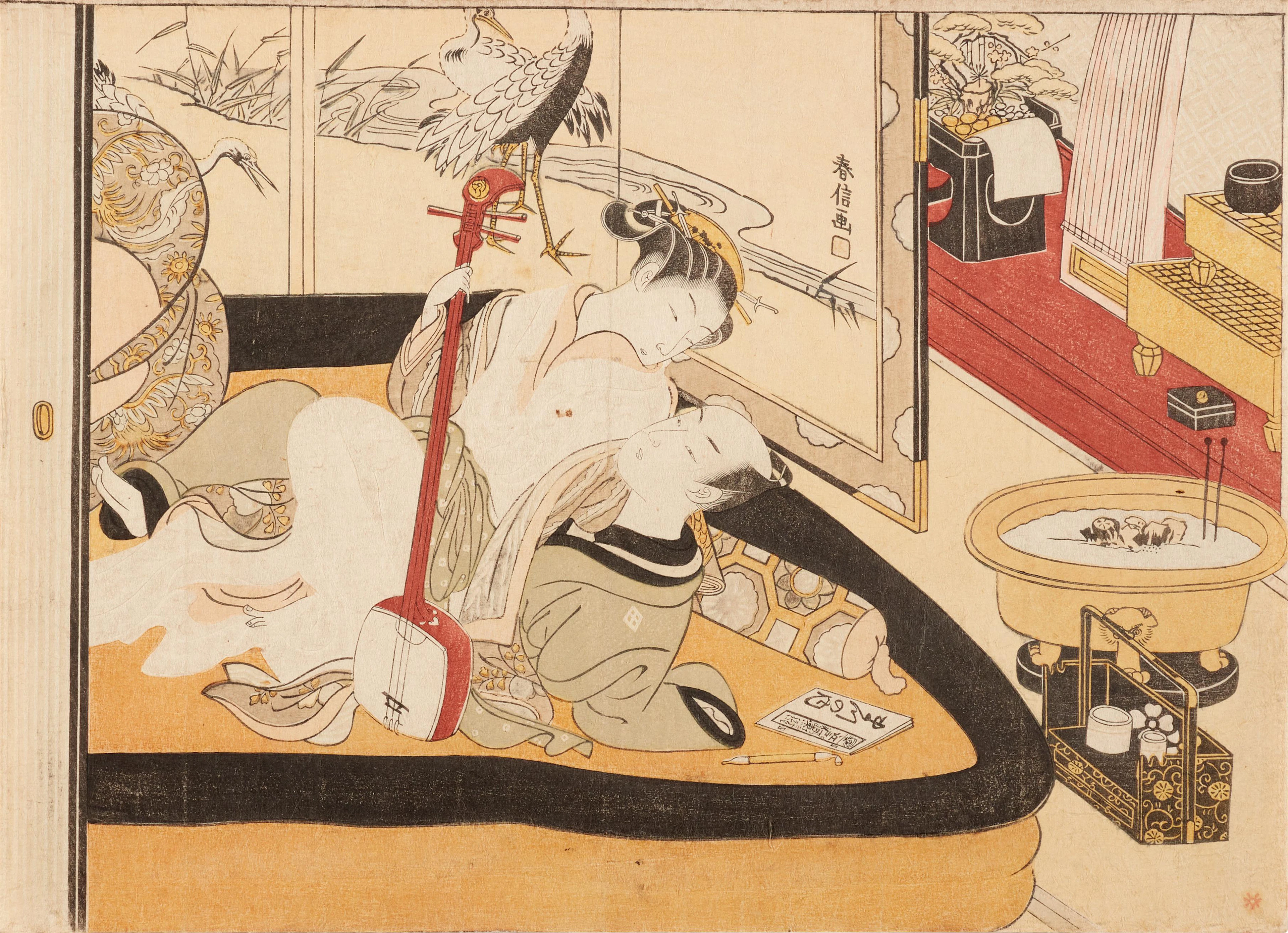 Suzuki Harunobu (1725-1770) | A courtesan with her client...