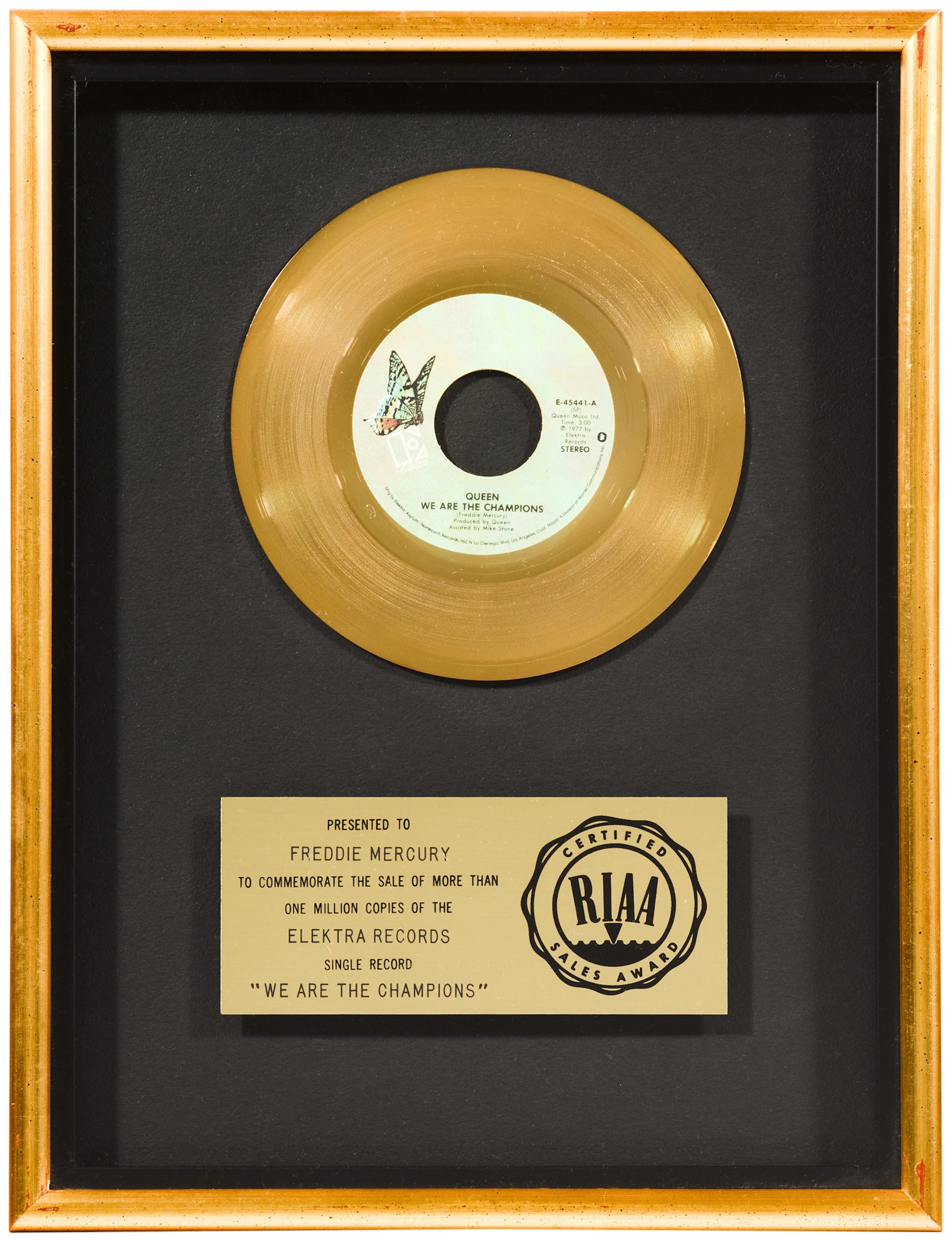 Queen – Freddie Mercury's RIAA sales award for 'We Are The Champions'