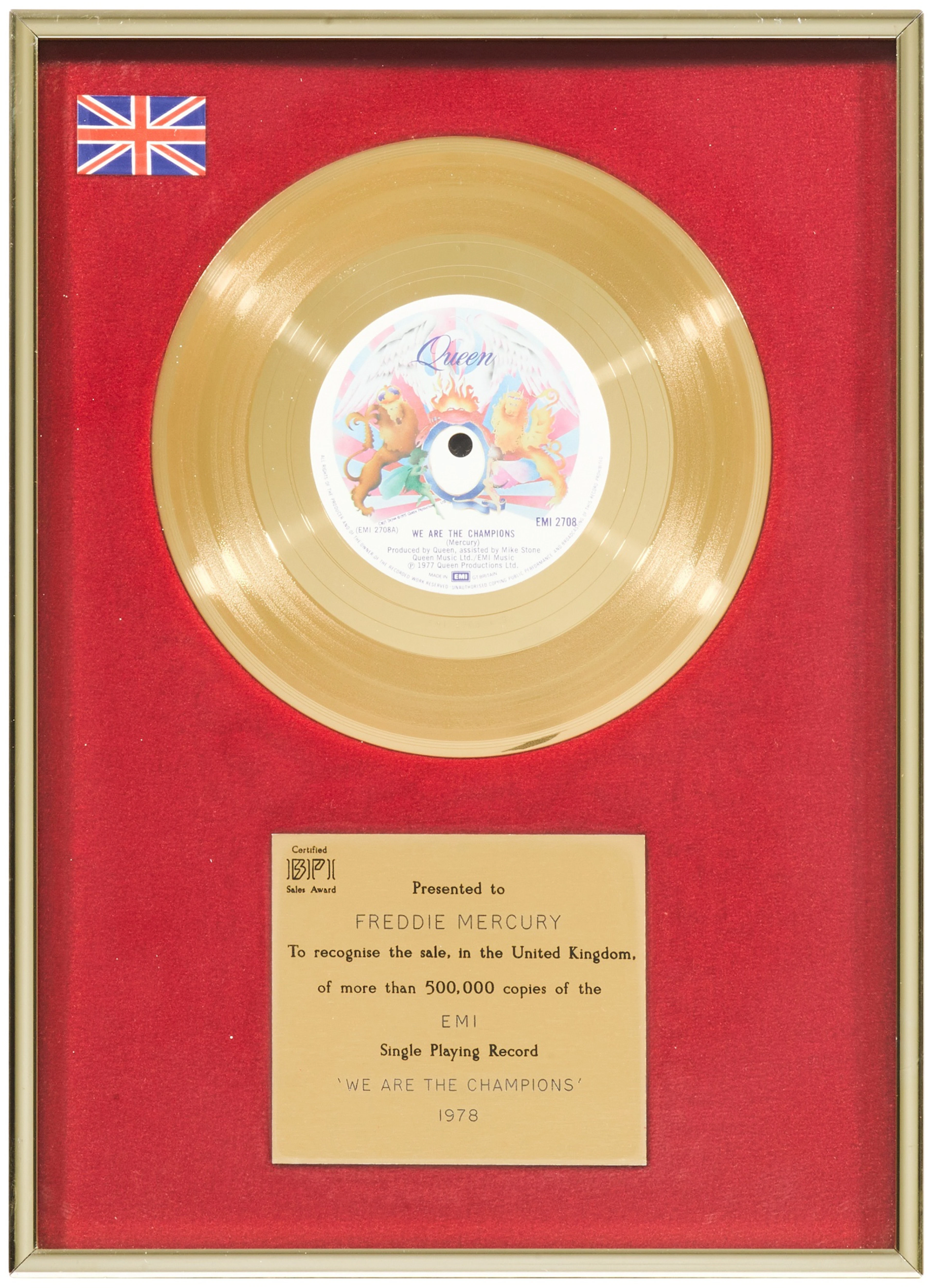 Queen – Freddie Mercury's BPI sales award for 'We Are The Champions