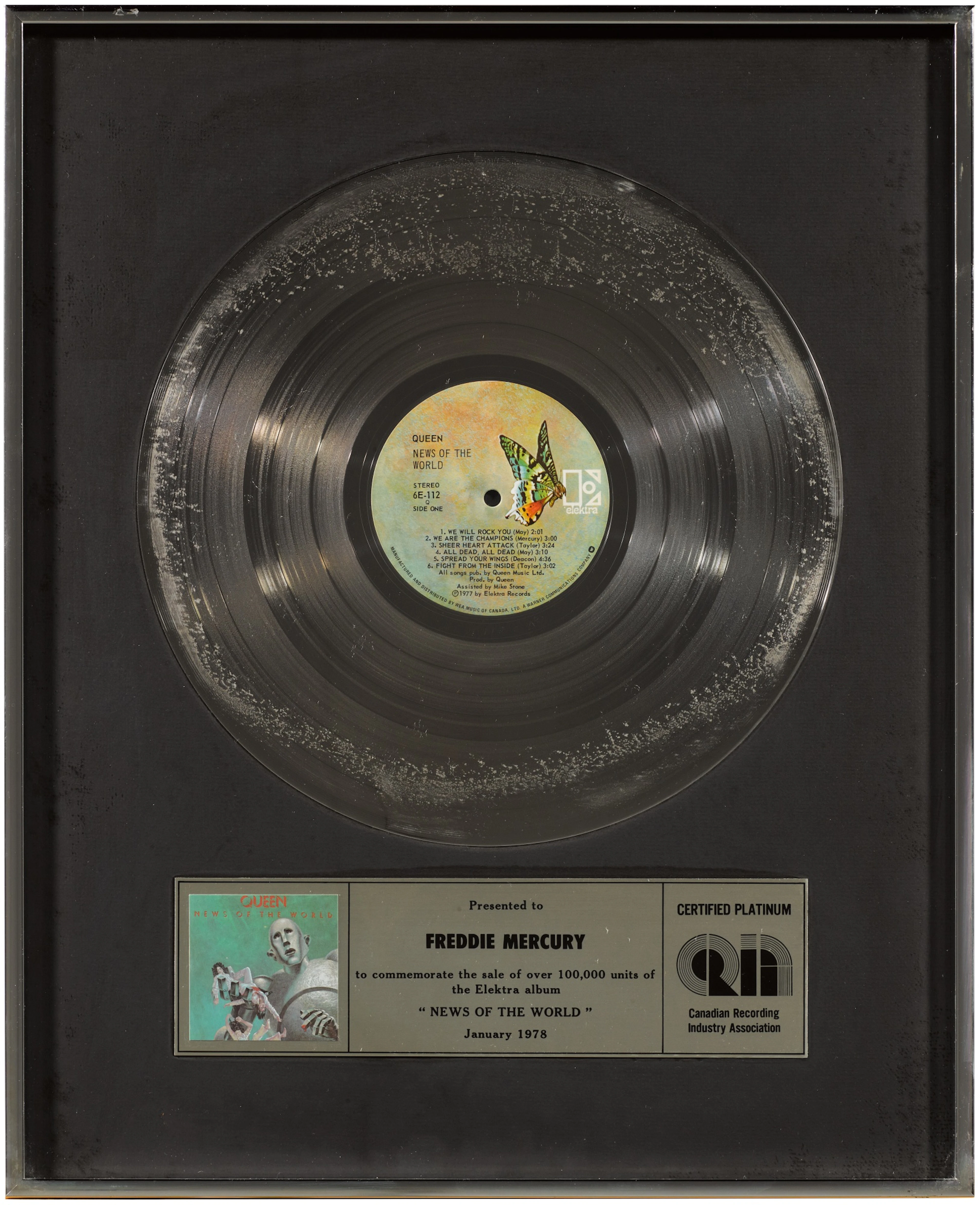 Queen – Freddie Mercury's CRIA sales award for News Of The World
