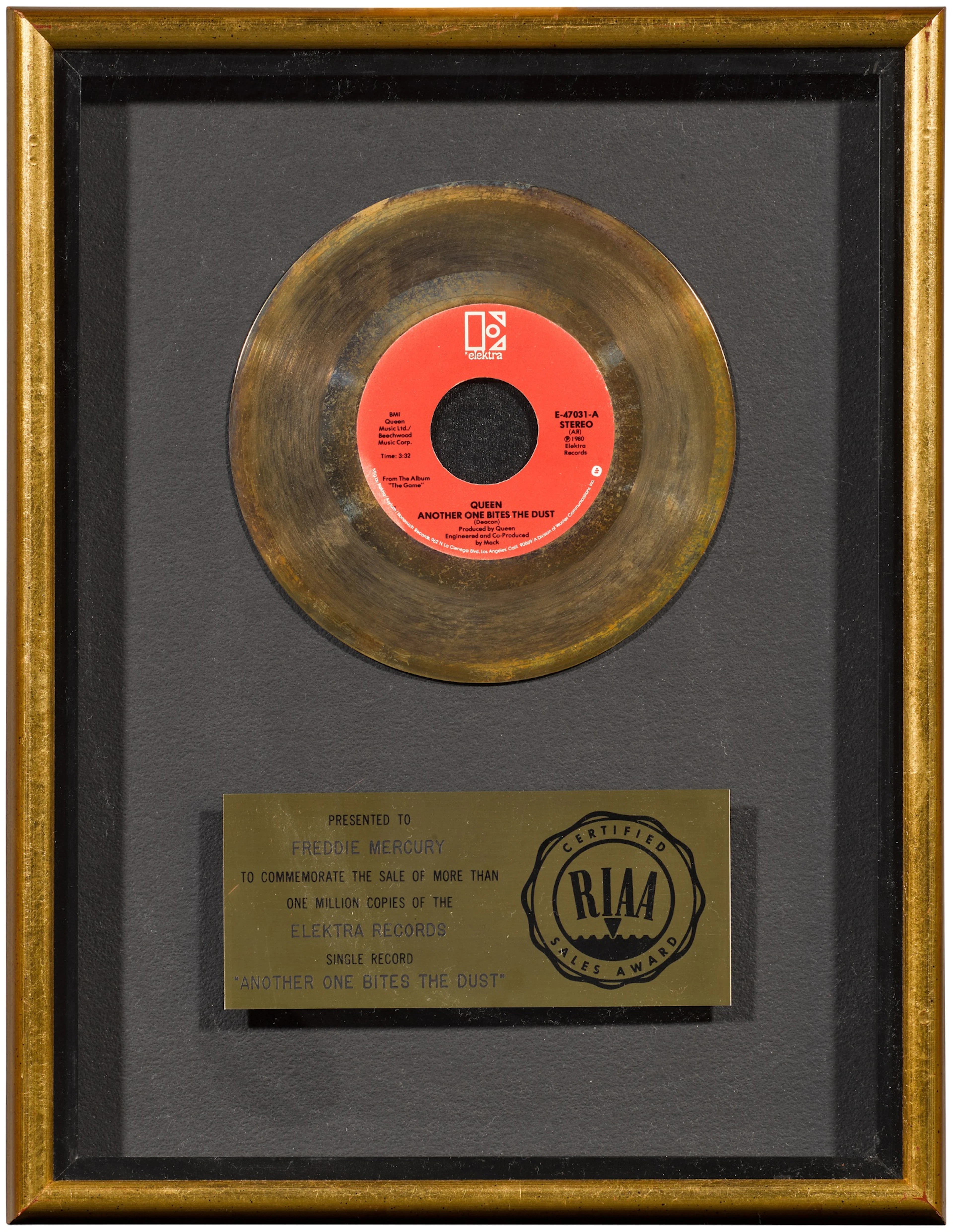 Queen – Freddie Mercury's RIAA sales award for 'Another One Bites The Dust'