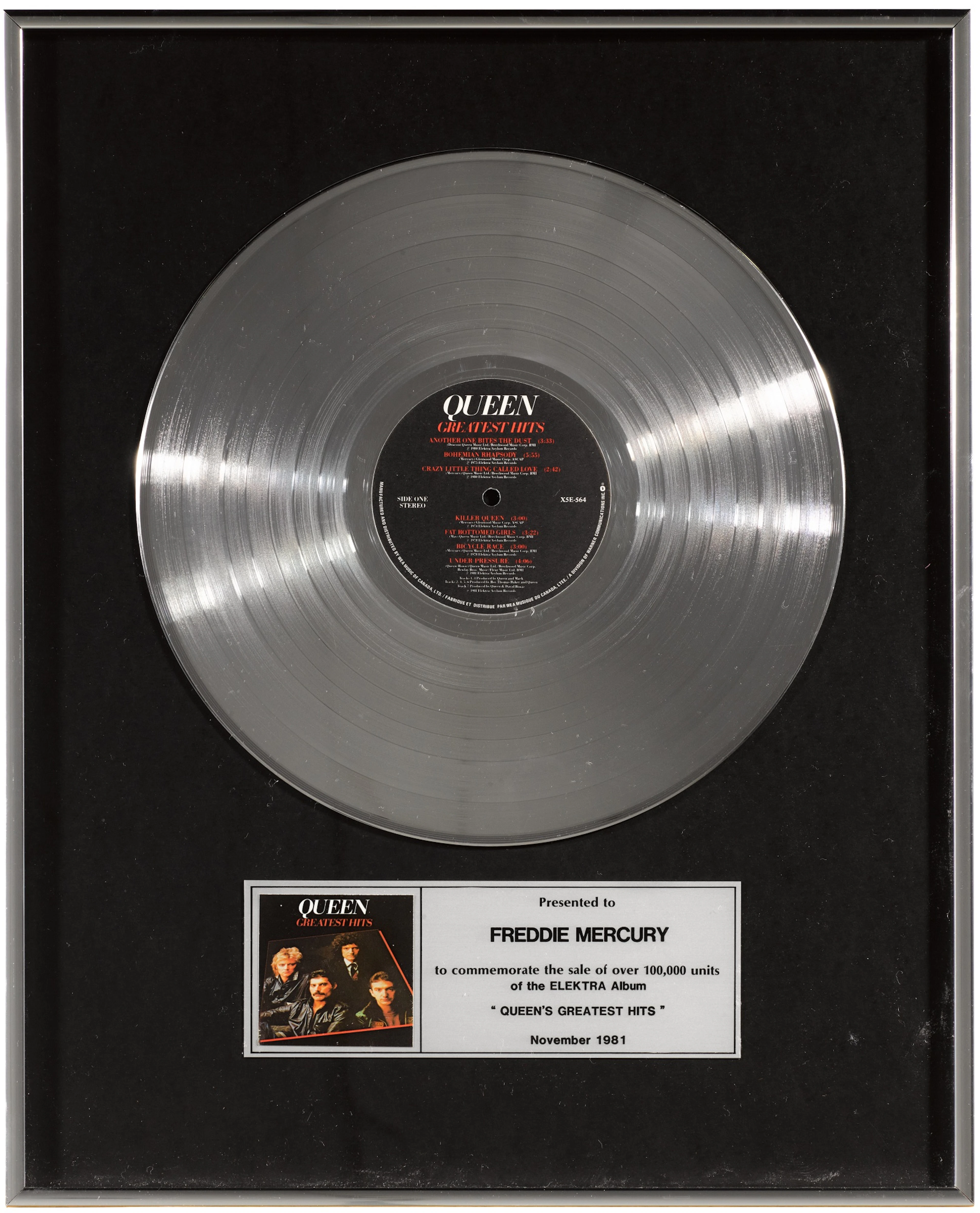 Queen – Freddie Mercury's US in-house sales award for Greatest Hits