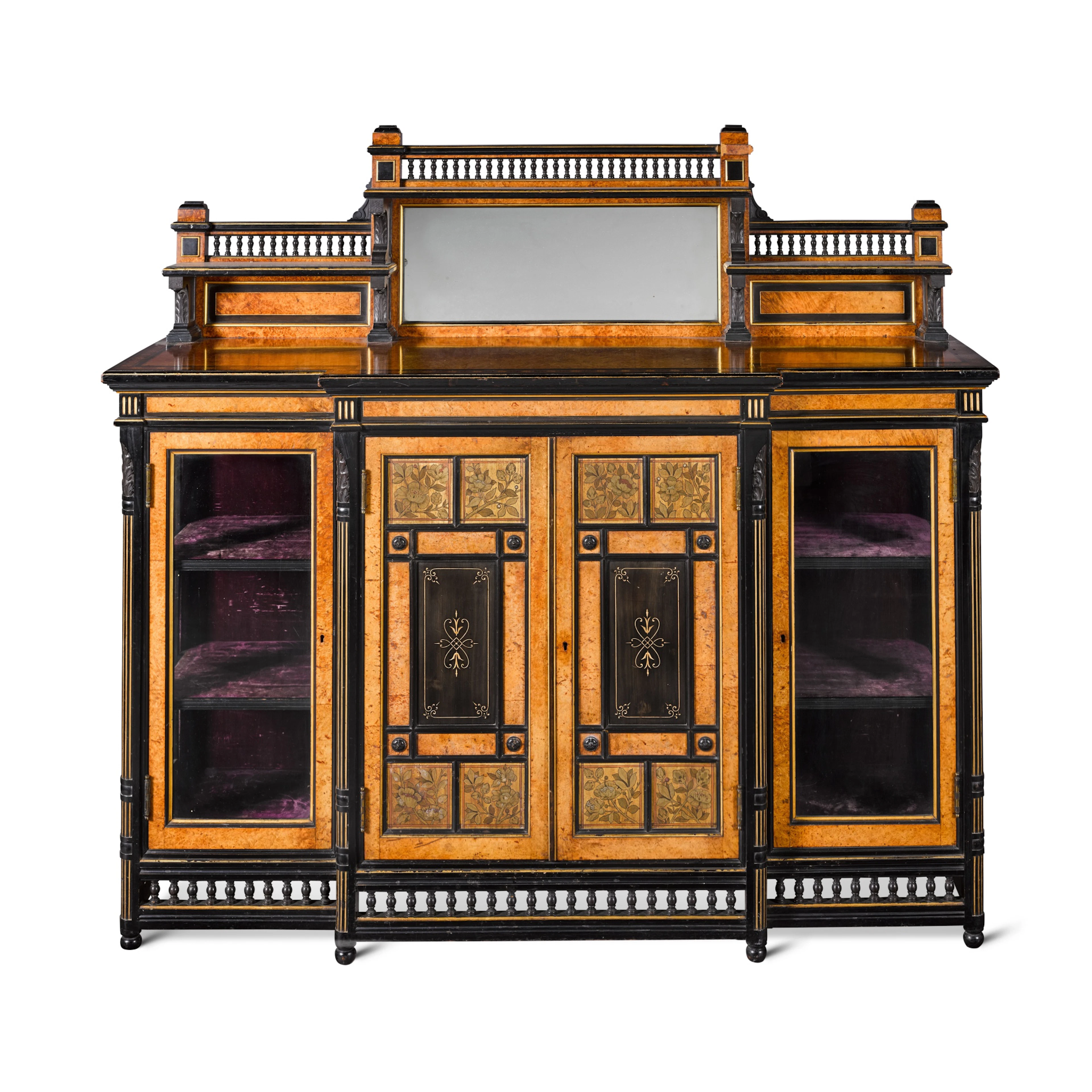 An Aesthetic Movement amboyna, ebonised and parcel-gilt side cabinet, circa 1870