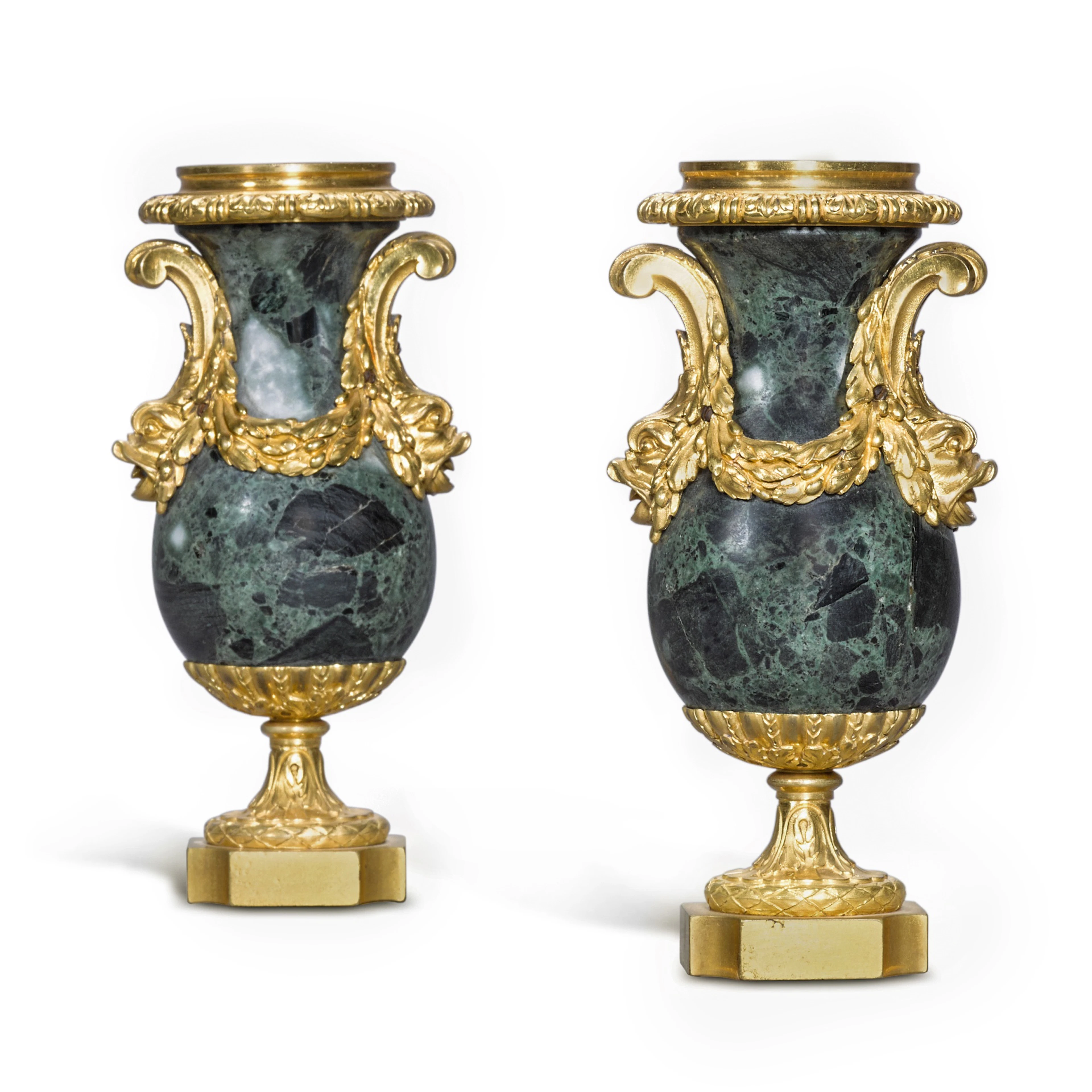 A pair of Louis XVI style gilt-bronze mounted verde antico marble vases