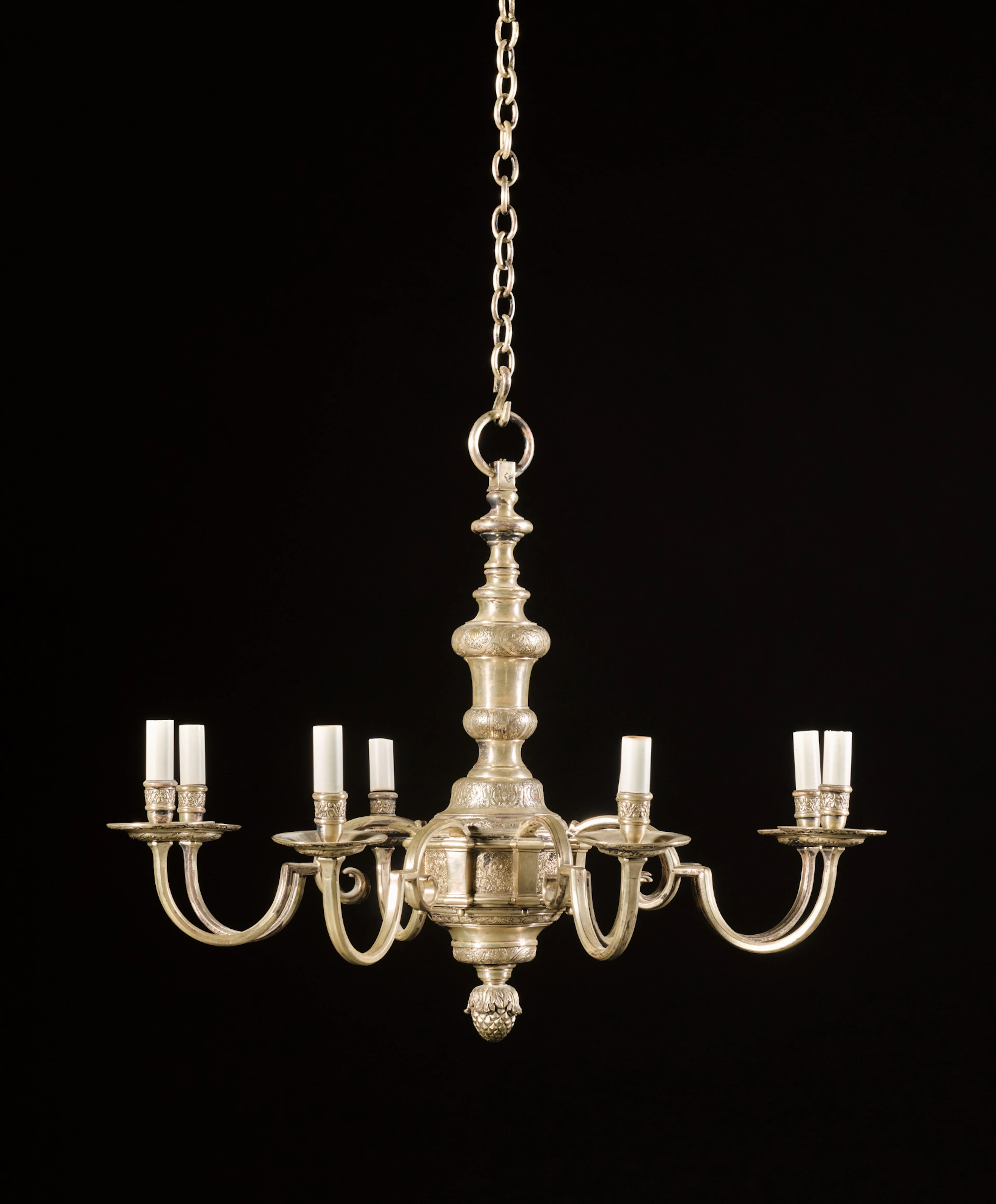 A pair of George I style silver plated eight-light chandeliers
