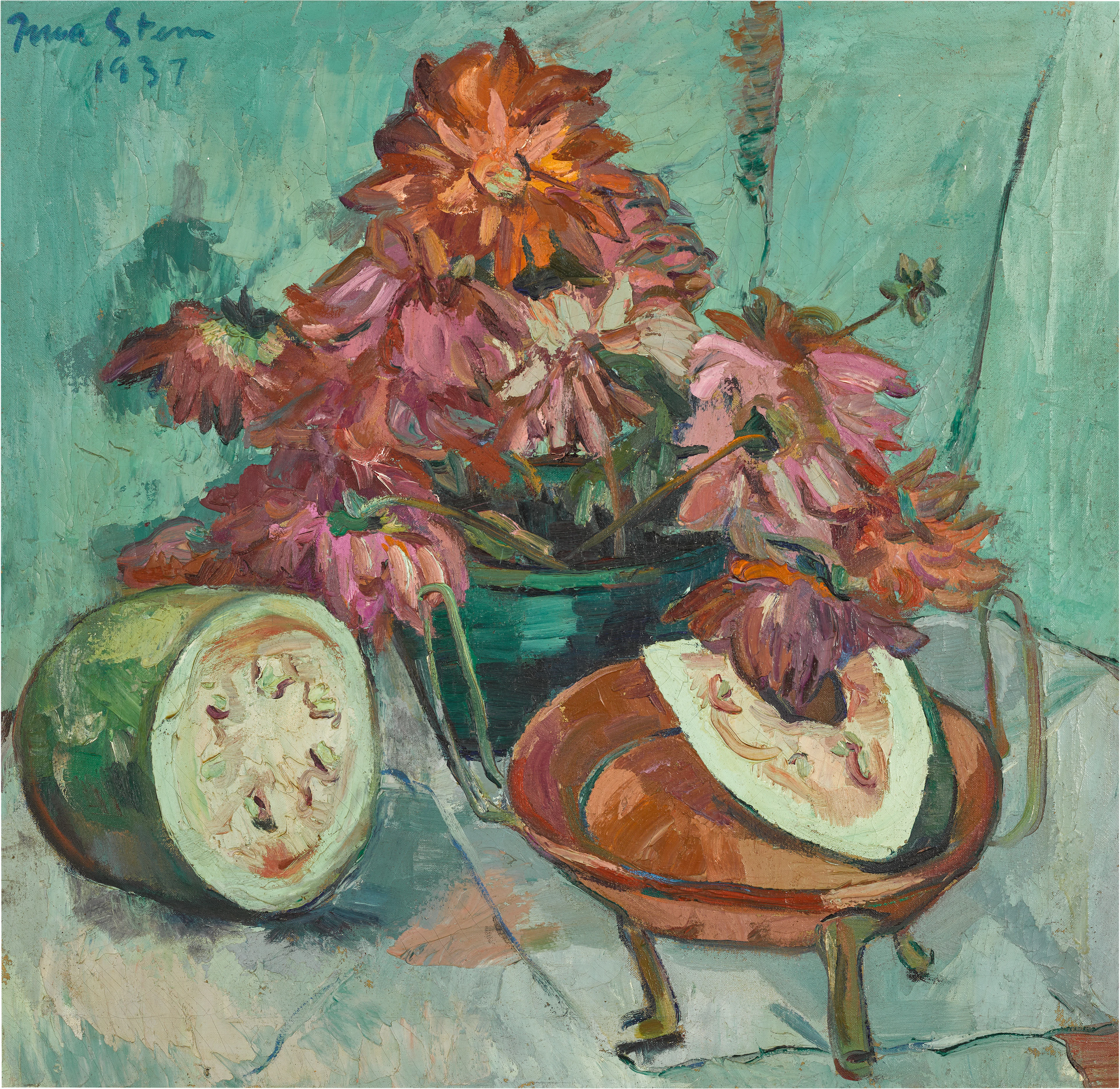 Still Life with Watermelon and Dahlias