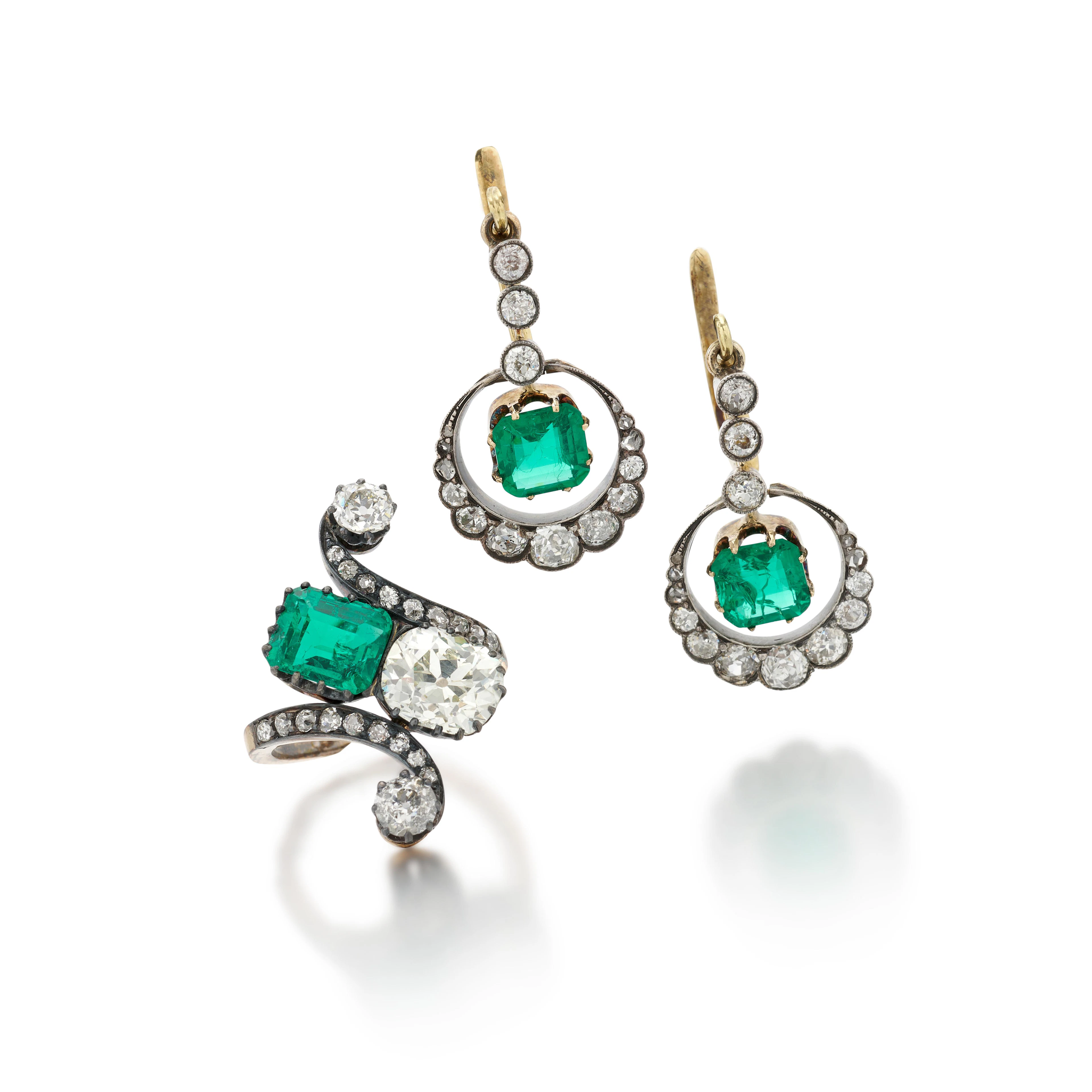 Emerald and diamond ring and pair of diamond and...