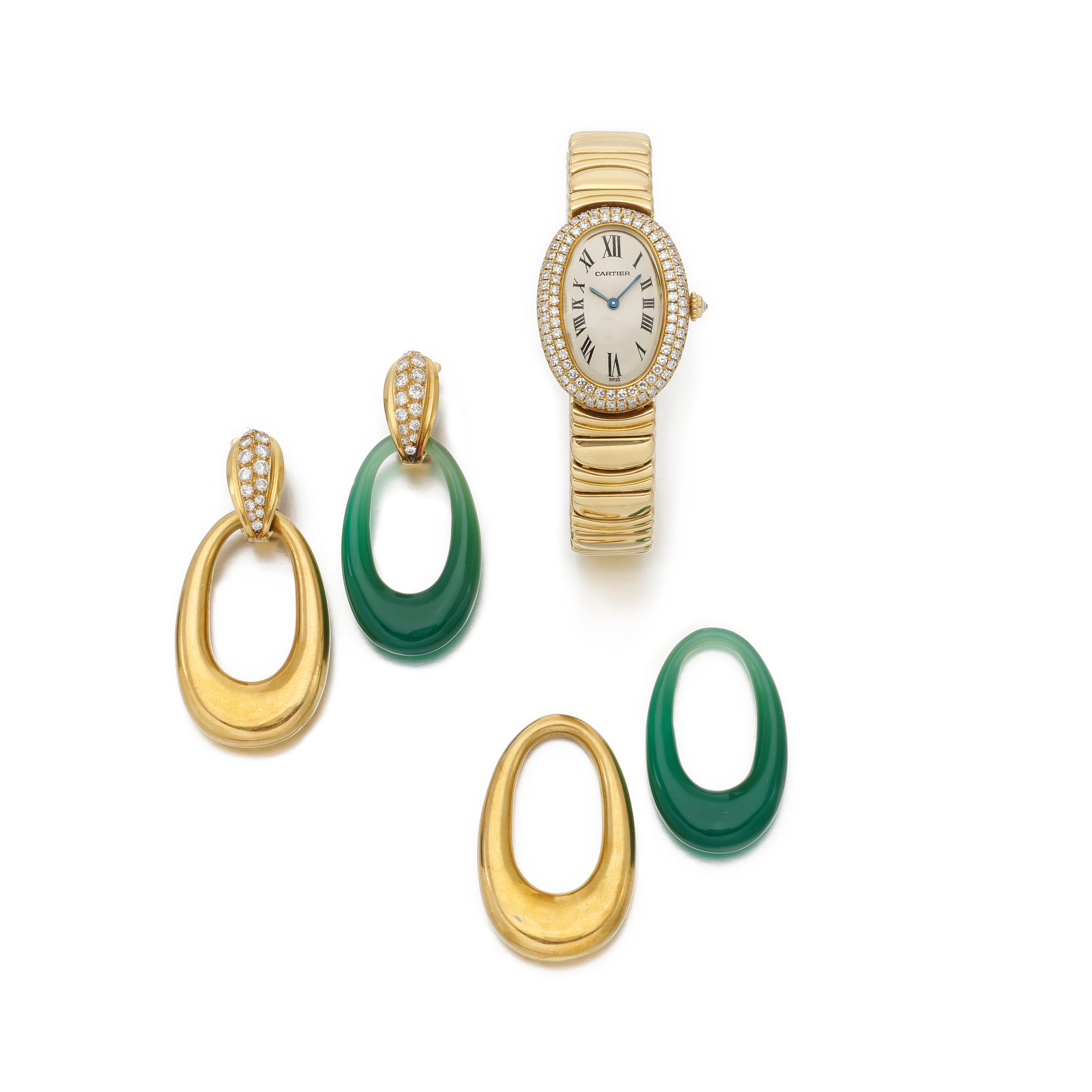 Cartier, diamond wristwatch Bagnoire and a pair of...