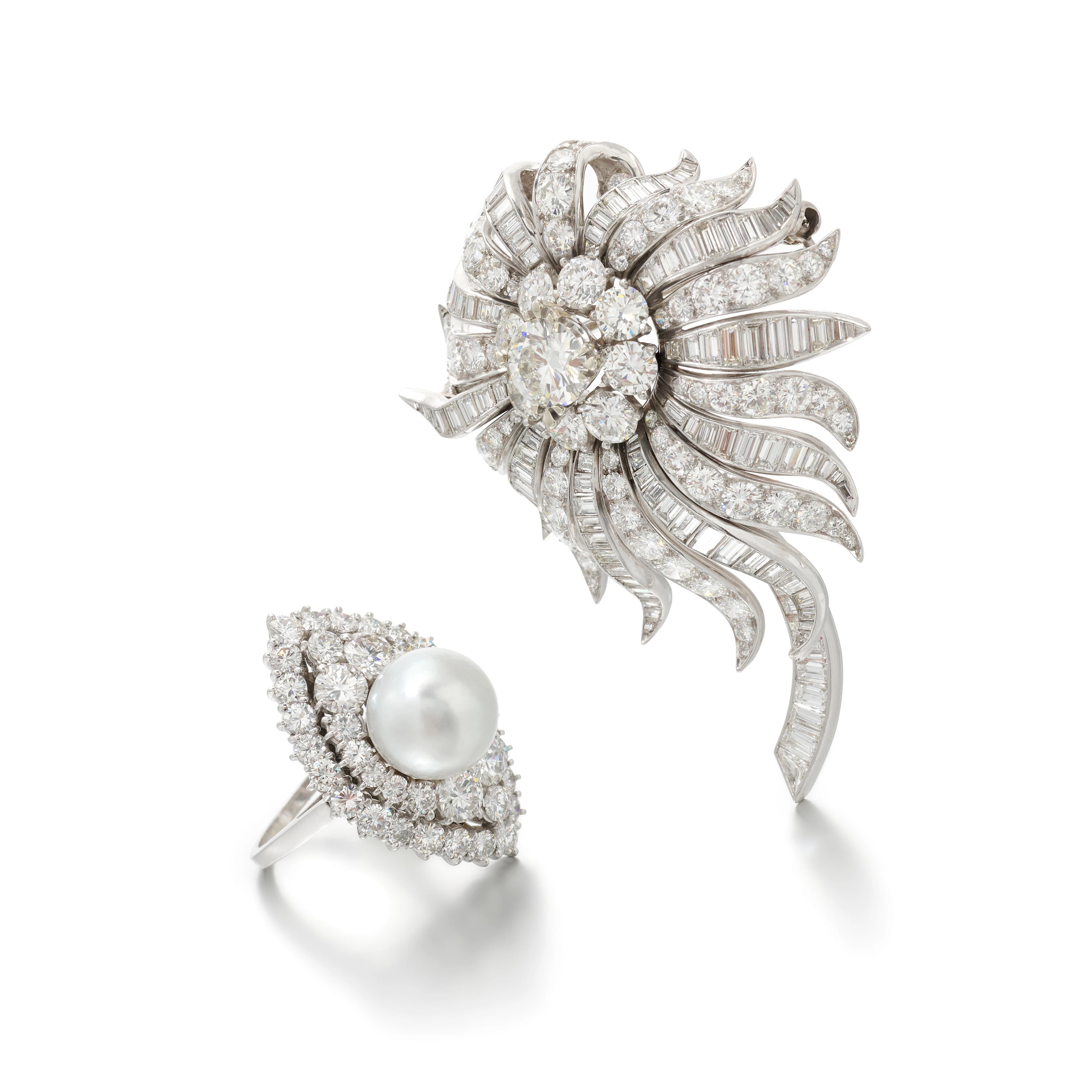 Diamond brooch and a cultured pearl and diamond ring...
