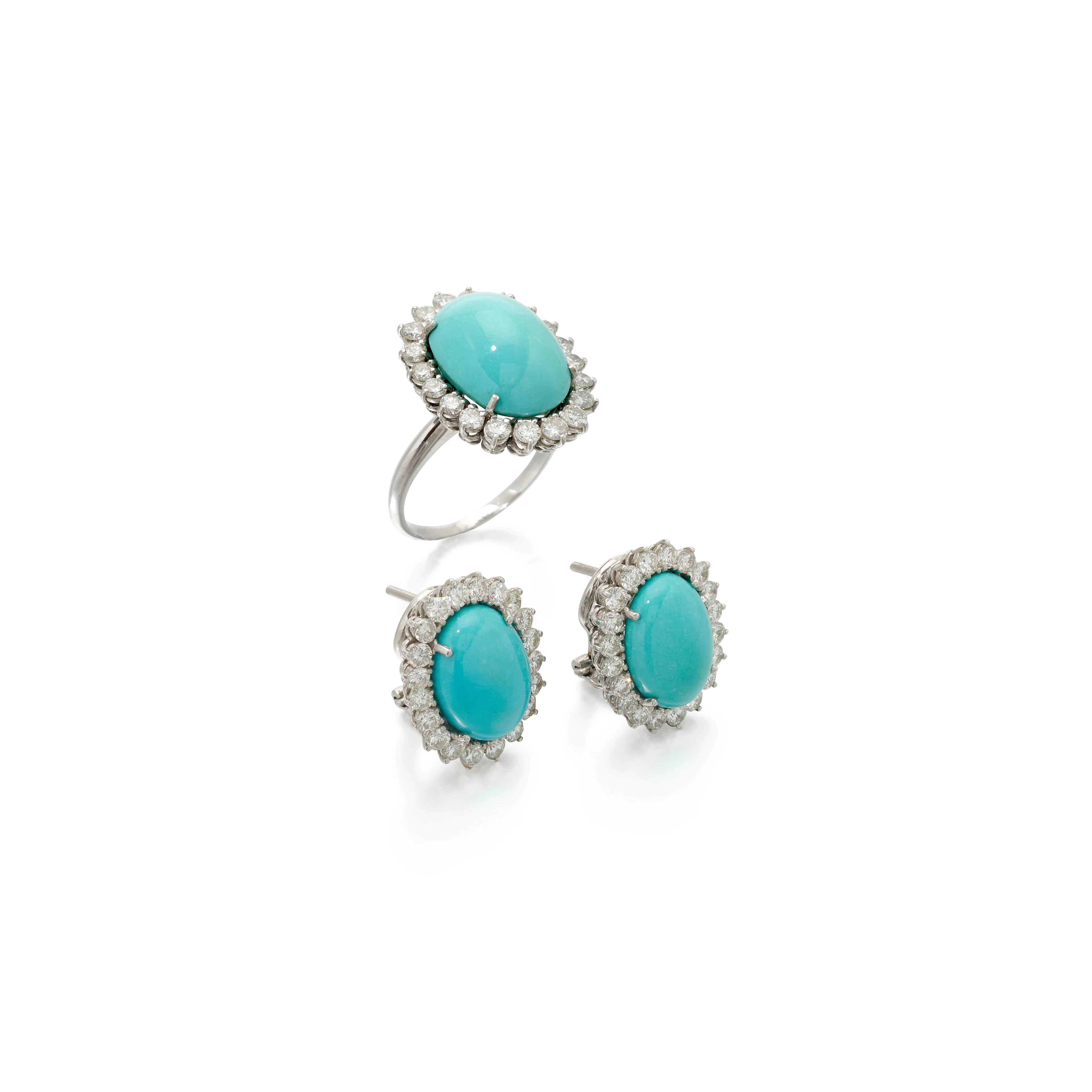 Turquoise and diamond ear clips and a ring (Anello e...