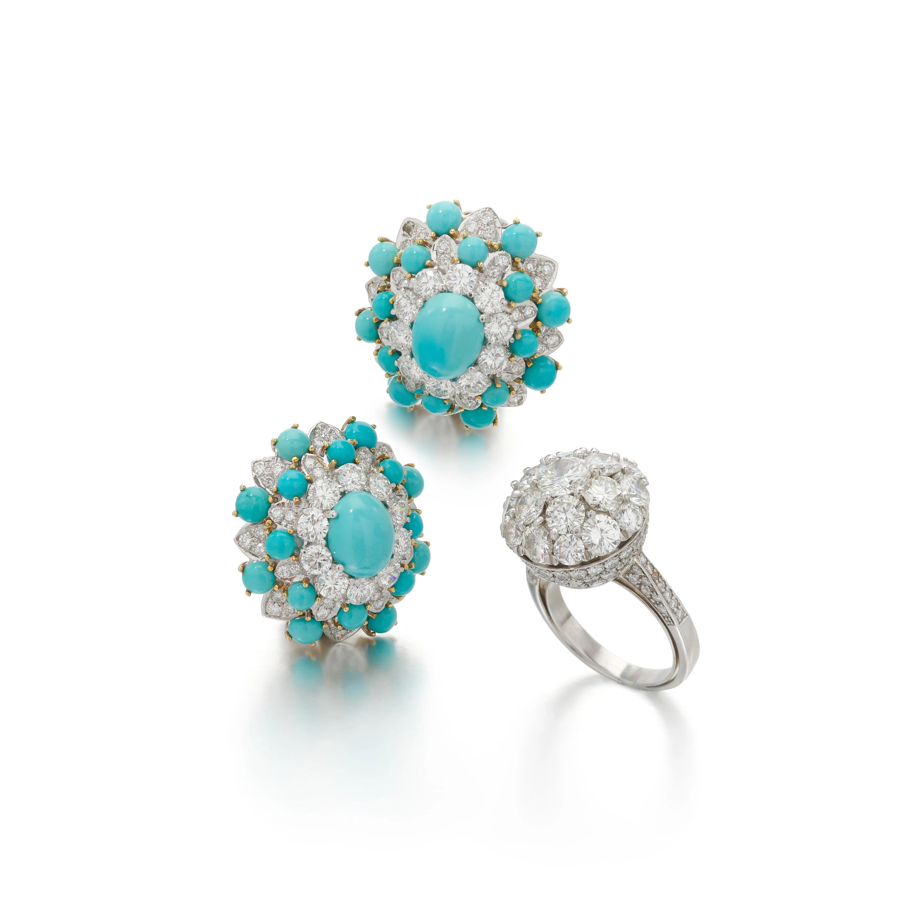 Turquoise and diamond ear clips and a diamond ring...