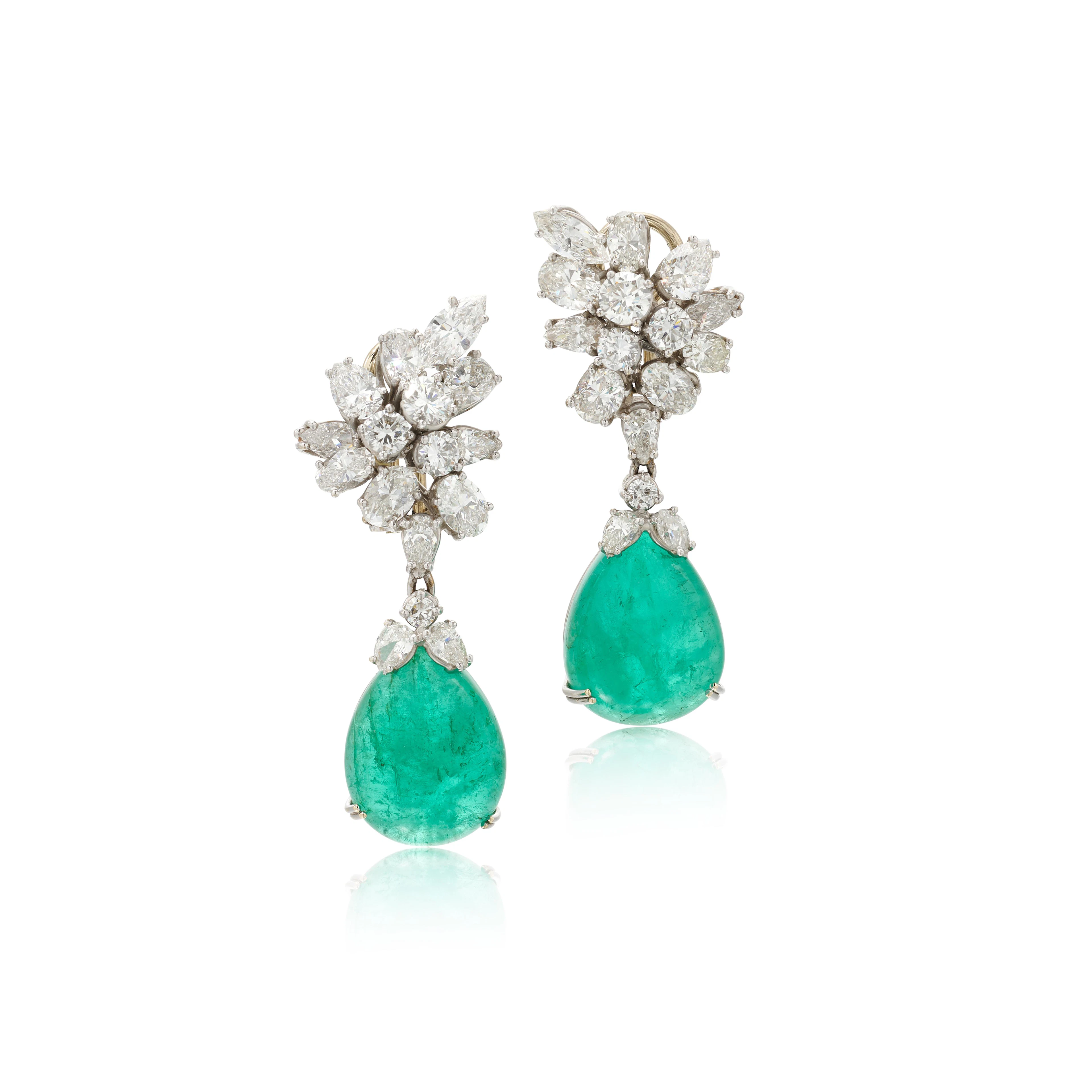 Pair of emerald and diamond pendant ear clips (Paio di...
