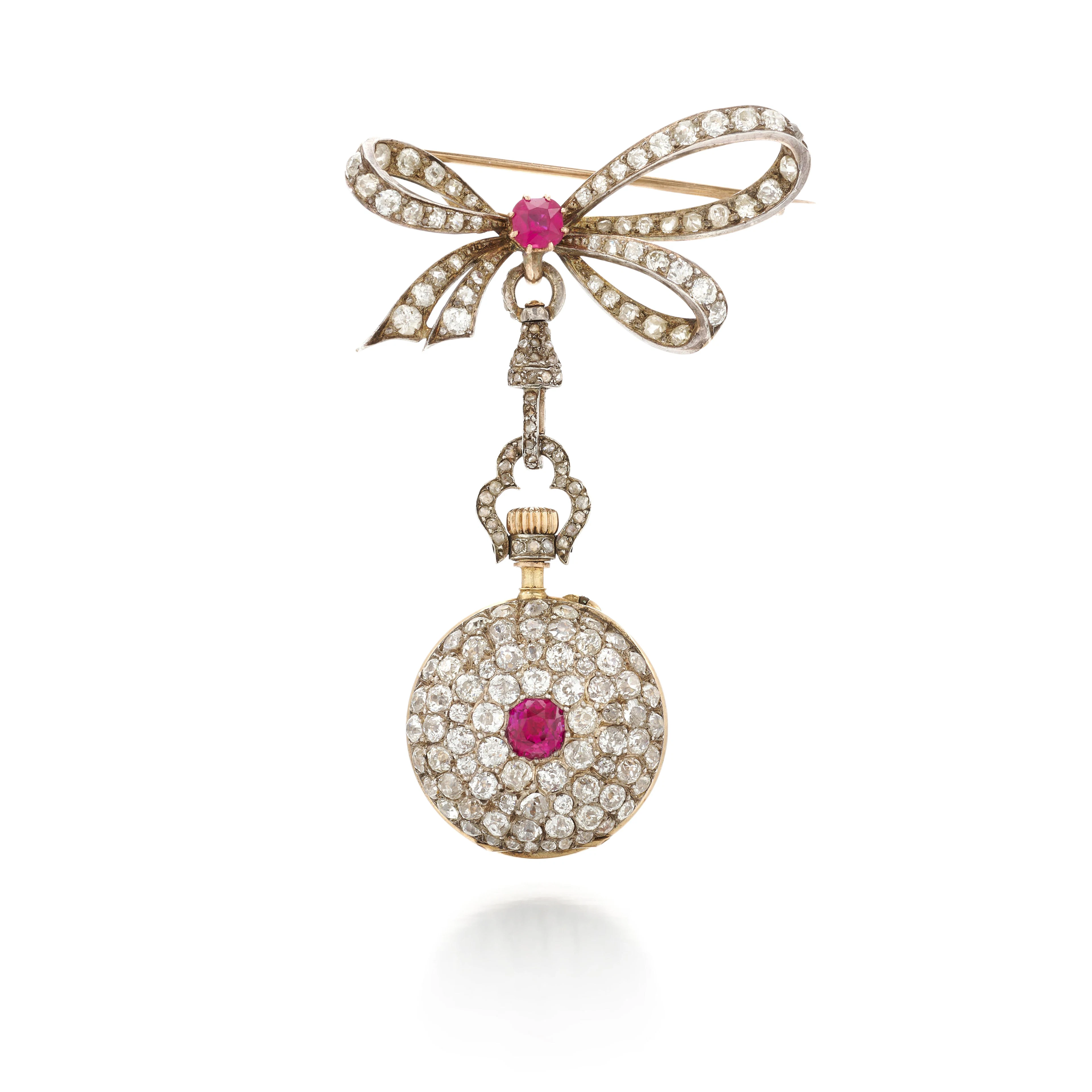 A yellow gold, diamond and ruby-set brooch watch | Circa 1897