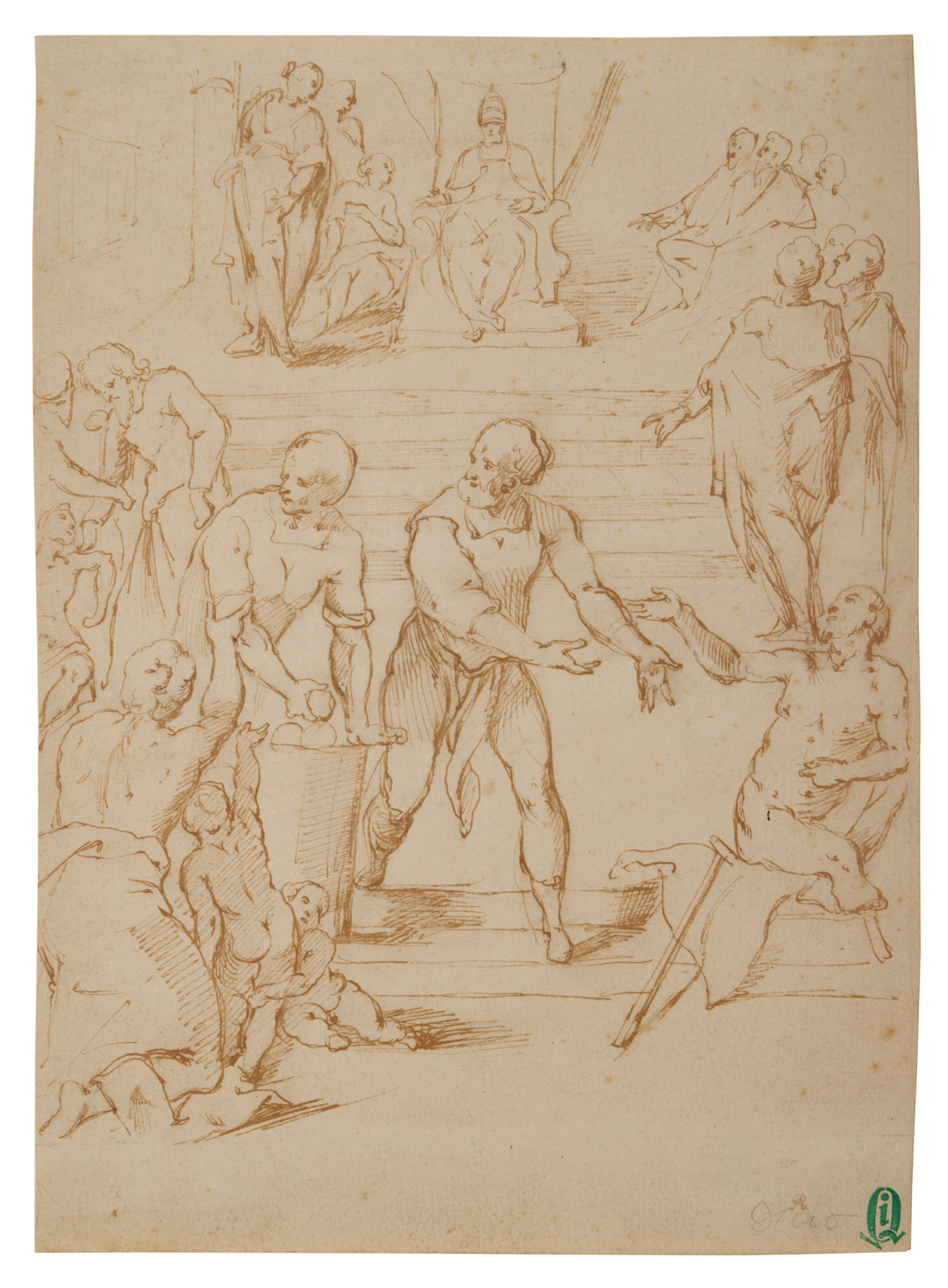 A seated Pope overseeing the distribution of alms