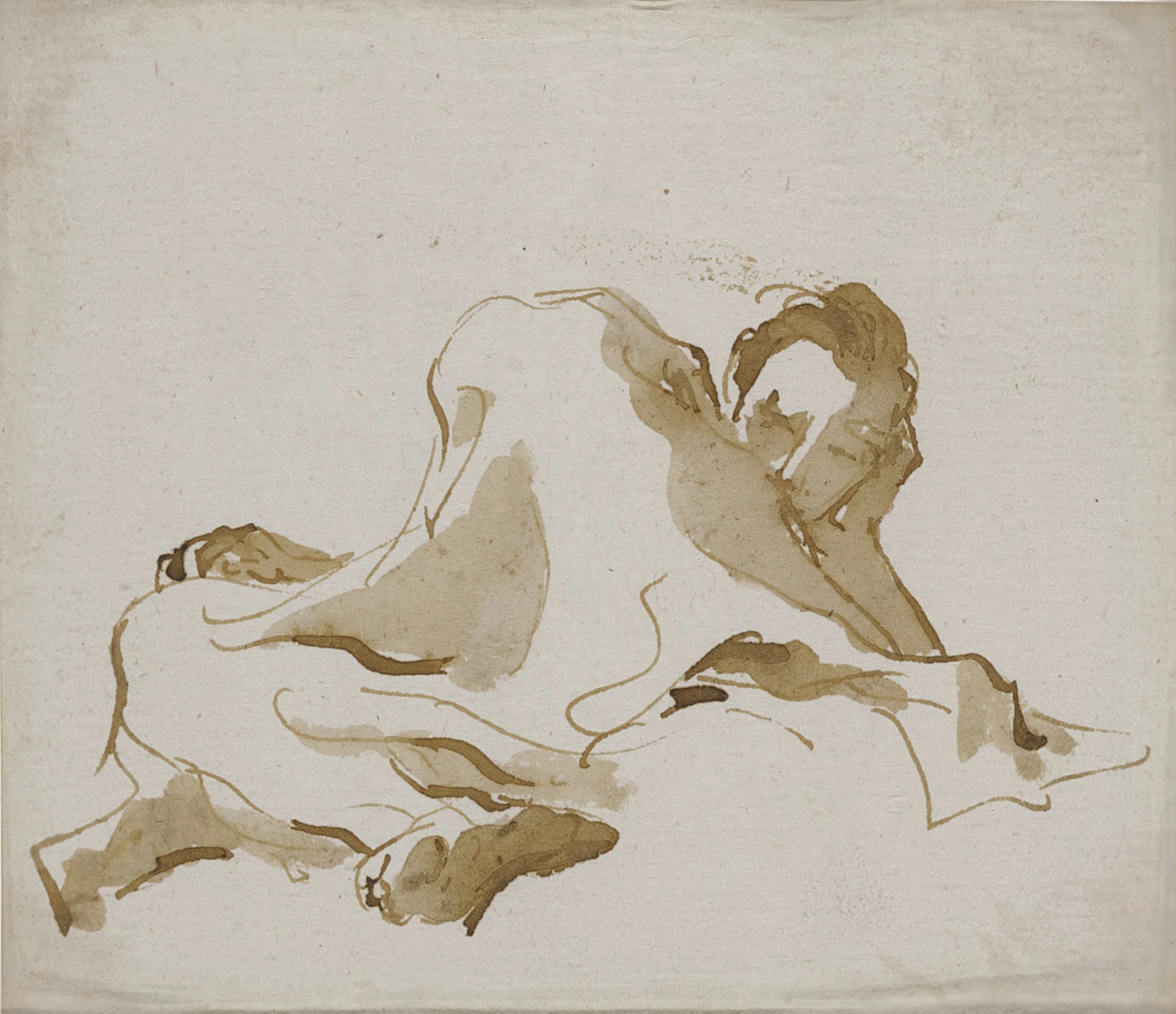 A reclining figure, seen from below