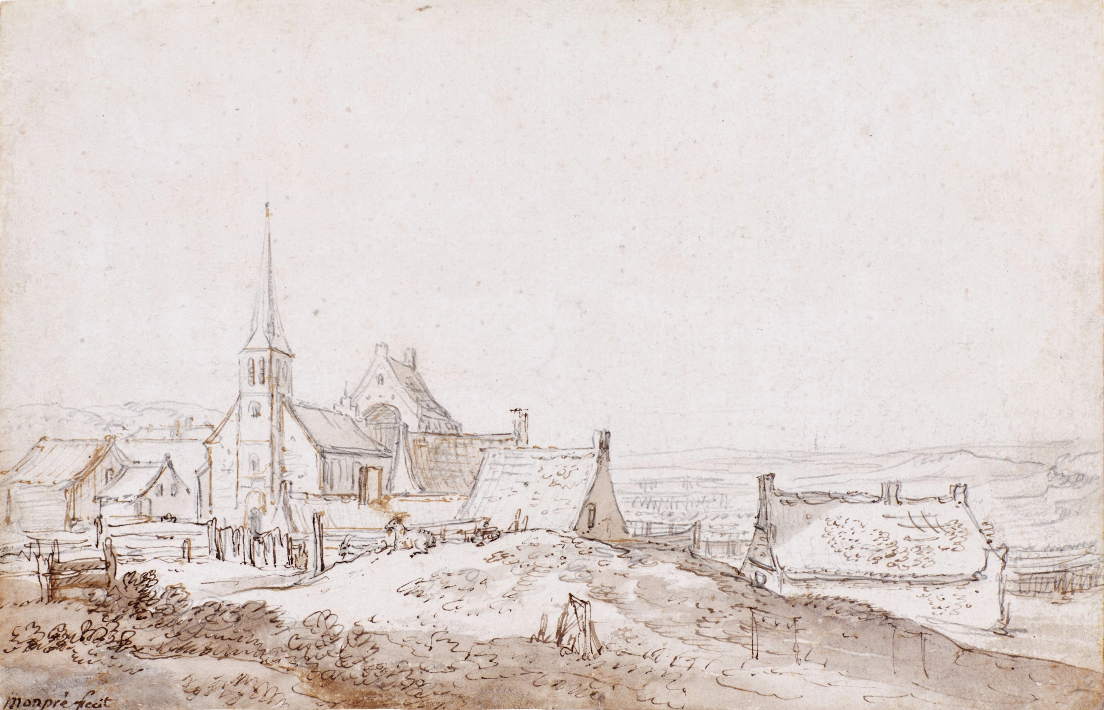 View of a village in the dunes, with a church and houses