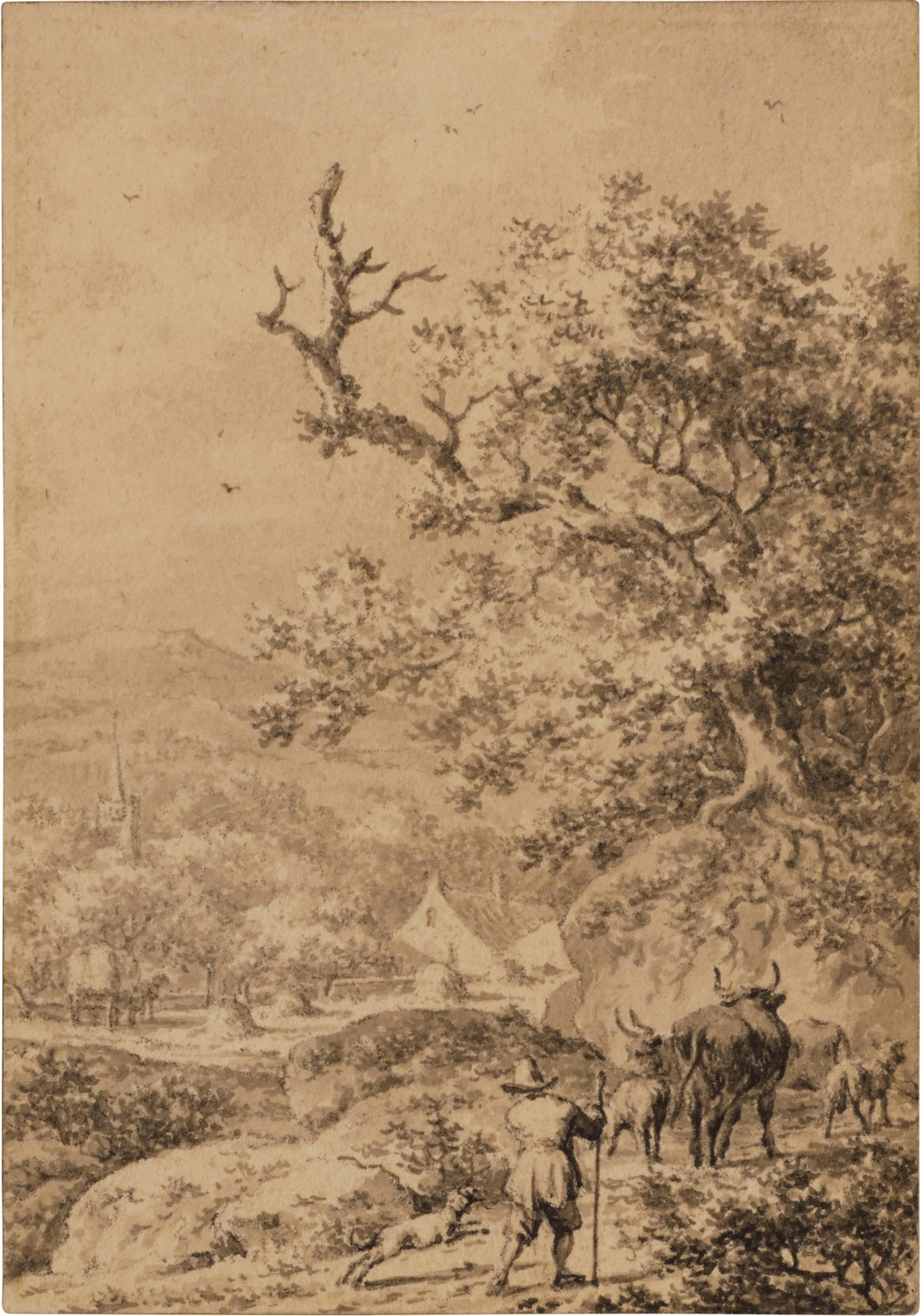A pair: Herder and animals on a woodland path; Herder and...